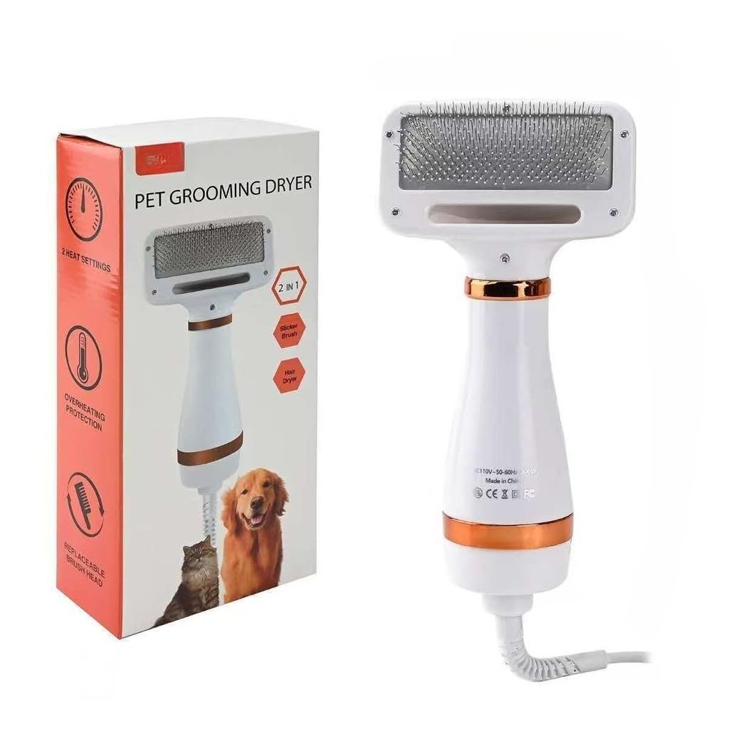 Escova Secadora para Pets 2 em 1 110V, Escova Elétrica para Cães e Gatos, Secador com Pente Removedor de Pelos, Secagem Rápida, 2 Velocidades Ajustáveis, 300W(Dourado)
