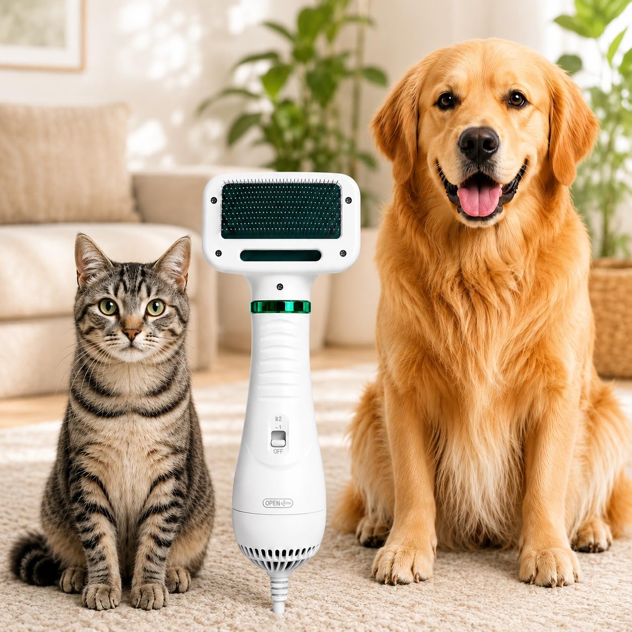 Secador e Escova 2 em 1 para Pets 110V, Secador Profissional Portátil para Cães e Gatos, Silencioso, Temperatura Ajustável, Seca e Desembaraça Pelos