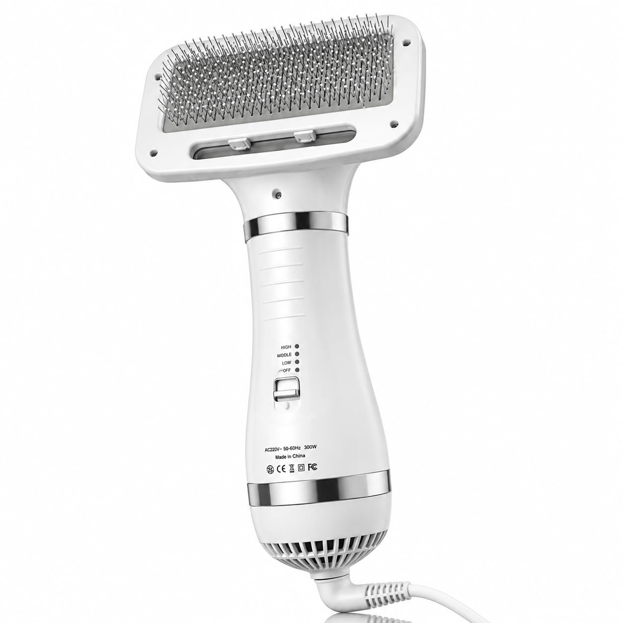 Escova Secadora Pet 2 em 1 para Cães e Gatos 300W Branco | 300W • 3 Níveis de Temperatura • Cabo 1,3 m • 110V