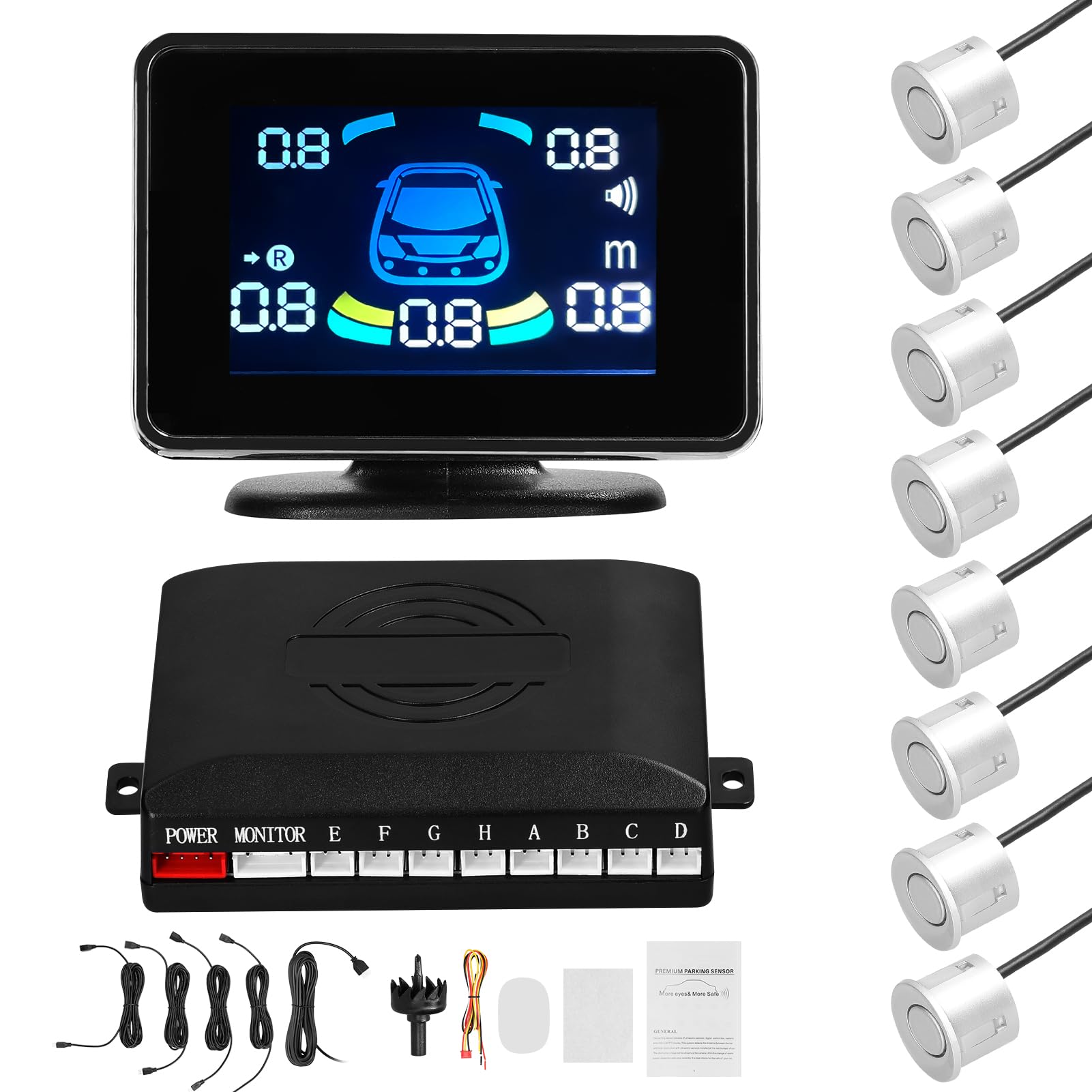Sensor de Estacionamento Carro Radars Ré Frontal e Traseiro com 8 Sensores Detecção Distância Display LCD Alerta Sonoro Buzzer Mudo Volumes Ajustáveis Múltiplos Modos Alarme Preciso Confiável