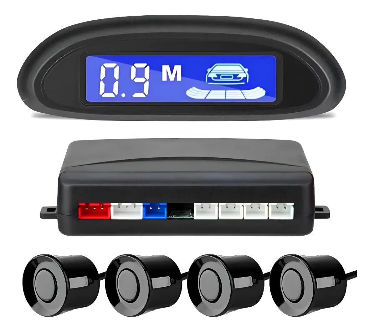 Sensor de Estacionamento Automotivo com 4 Sensores e Monitor LCD Azul, Detecção de 0,3 a 2 Metros, Kit Completo
