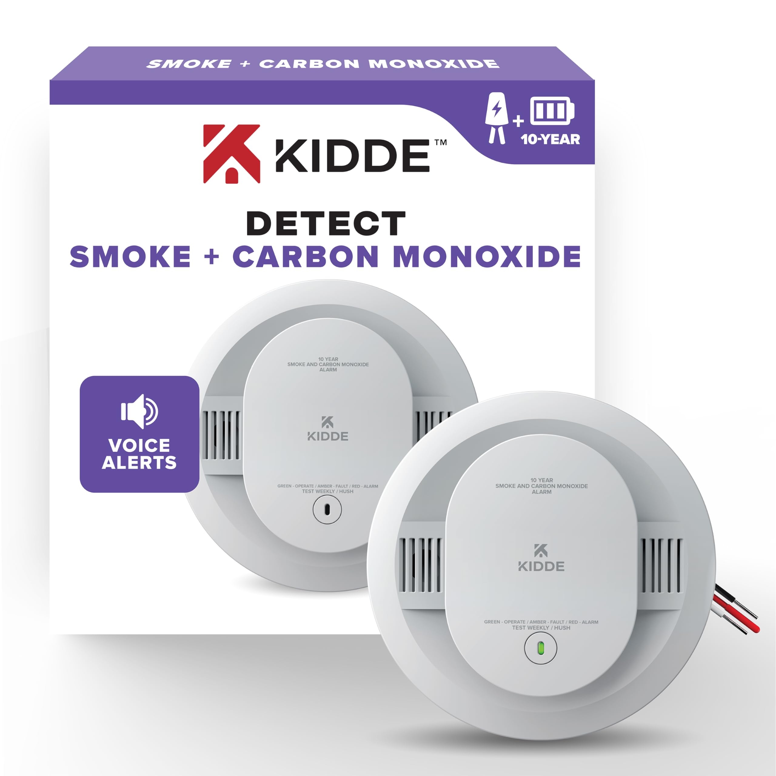 Kidde Detector de fumaça e monóxido de carbono com fio, bateria reserva de 10 anos, alertas de voz, indicadores de luz de aviso LED interconectáveis