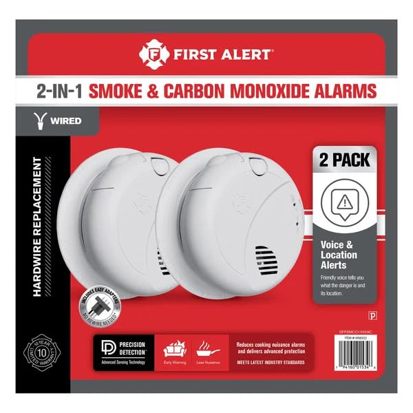 First Alert Alarme combinado de fumaça e monóxido de carbono, detector de fio rígido de interconexão com reserva de bateria e alertas de voz e localização, SMCO100V-AC, pacote com 2 (embalagem com 2)