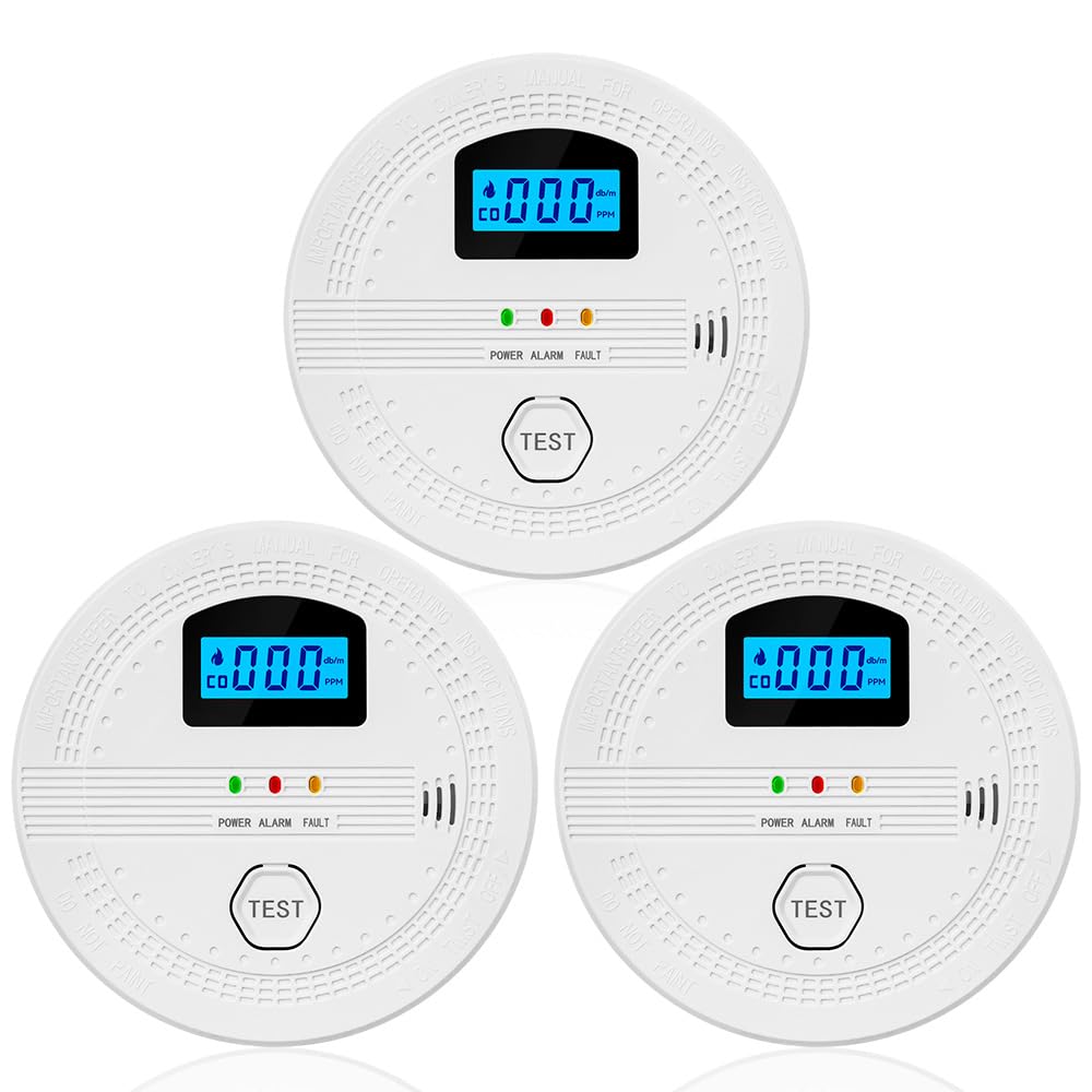 Pilipane Detector de fumaça inteligente e monóxido de carbono 3 Pacote confiável portátil instalação fácil instalação LCD Alarme da luz de luz Baixa aviso de bateria para o escritório em (3 pacote)
