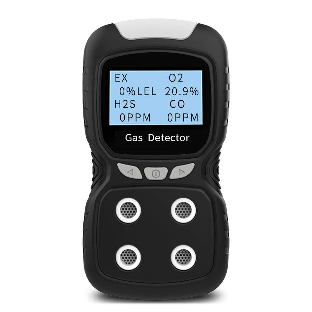 Detector de gás portátil, analisador de medidor de monitor de 4 gás, clipe de gás (H2S, O2, CO e LEL), visor LCD recarregável, luz sonora, choque, teste de qualidade do ar, detector de 2 anos (preto)