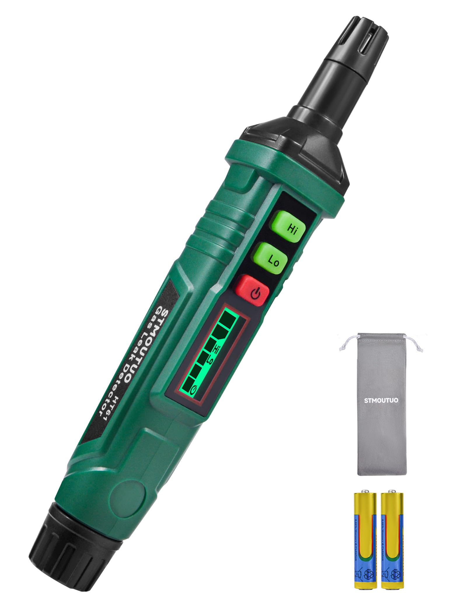 Detector de vazamento de gás natural com alarme sonoro e visual. | Farejador de gás portátil para localizar fontes combustíveis como metano, propano para casa (inclui 2 baterias) - verde
