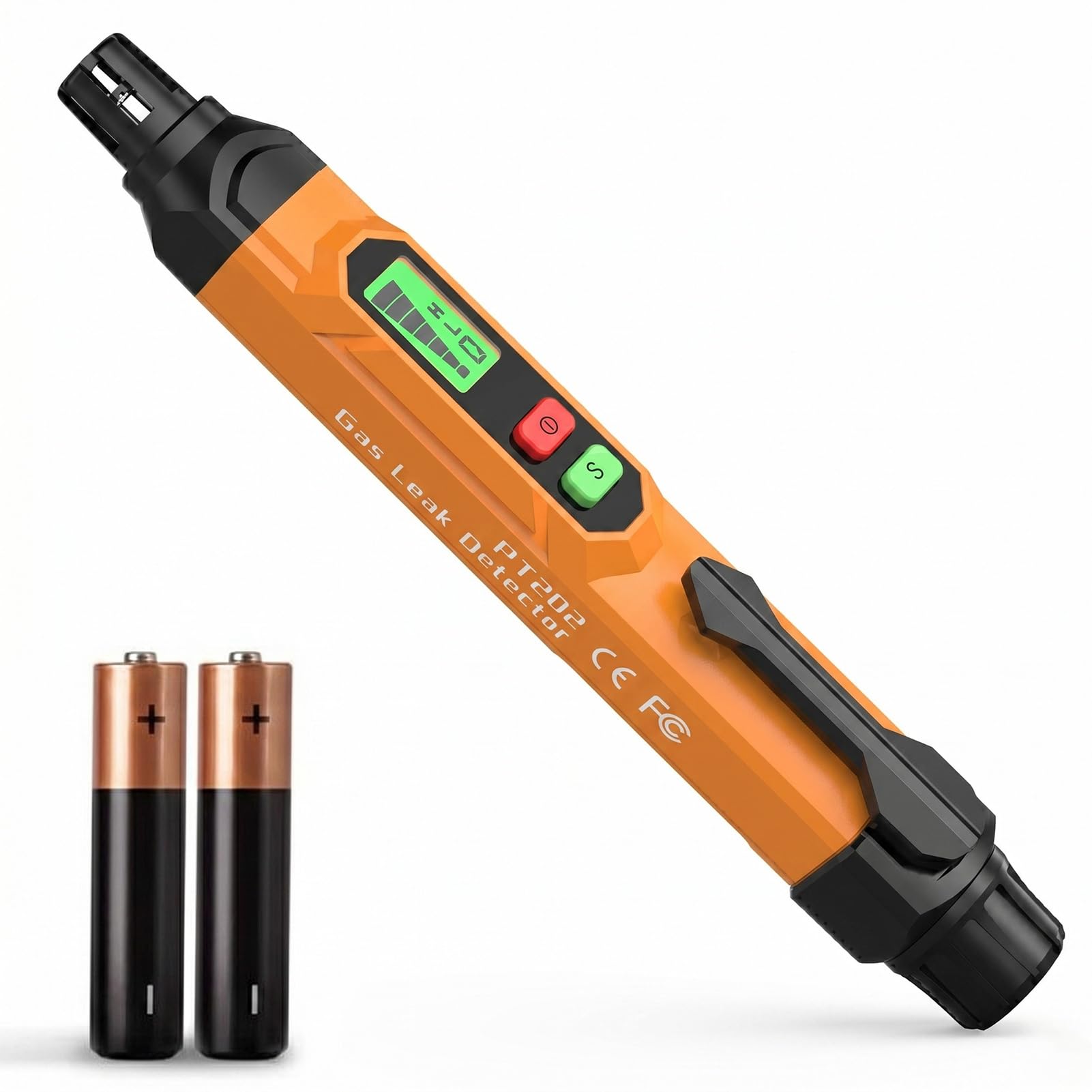 Detector de vazamento de gás natural, alarme sonoro e visual, farejador de gás portátil para localizar fontes combustíveis de metano, propano (inclui 2 baterias, laranja)