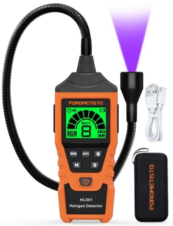 HLD01 Detector de fugas de gás de halogéneo, detector de refrigerante com alarme triplo, luz auxiliar de LED, carregamento USB-C e calibração automotiva, refrigeradores e condicionadores