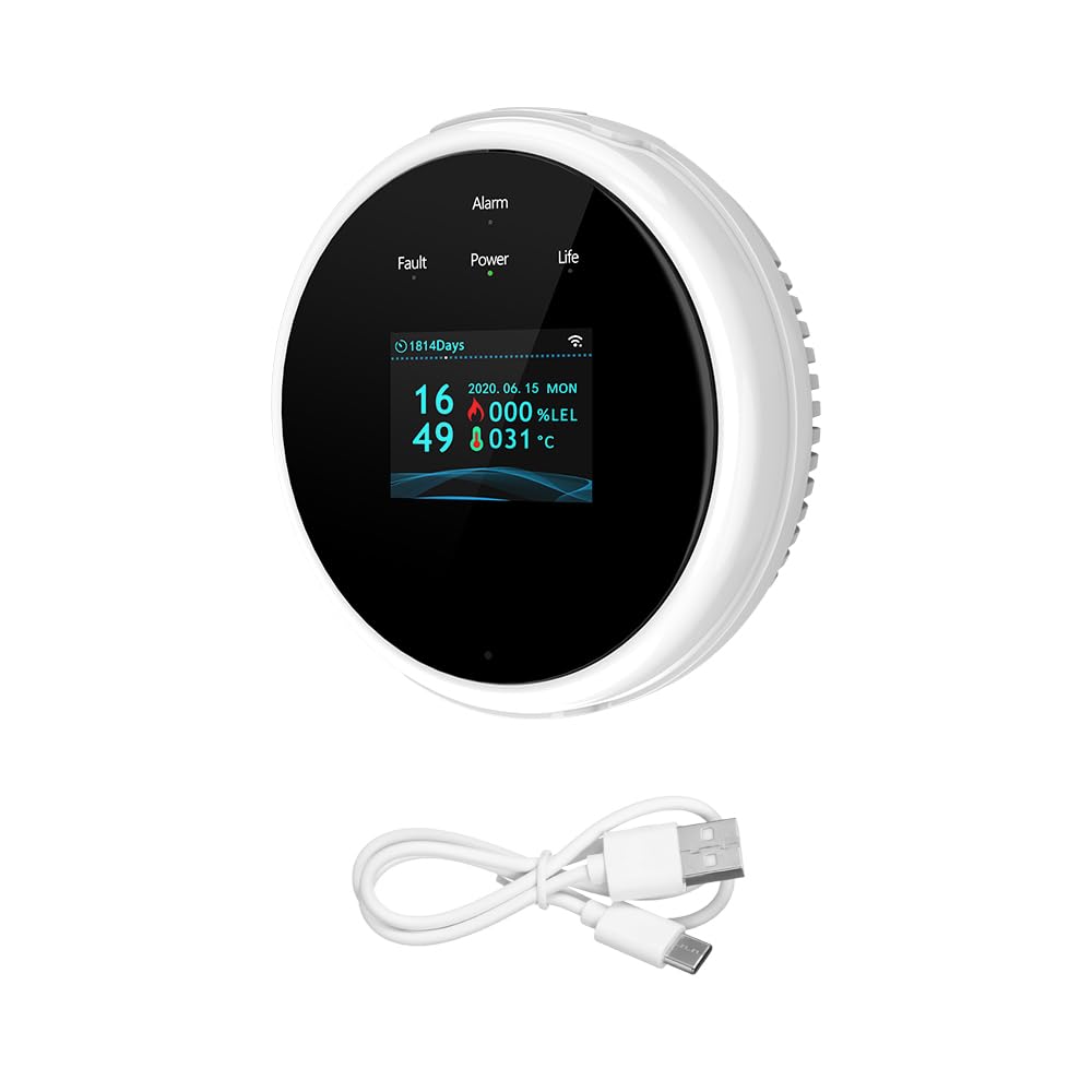Detector de Vazamento Gás WiFi APP Alarme Alimentado por USB com Prompt Voz Exibição Temperatura e Relógio para Cozinha Residencial Trailer RV