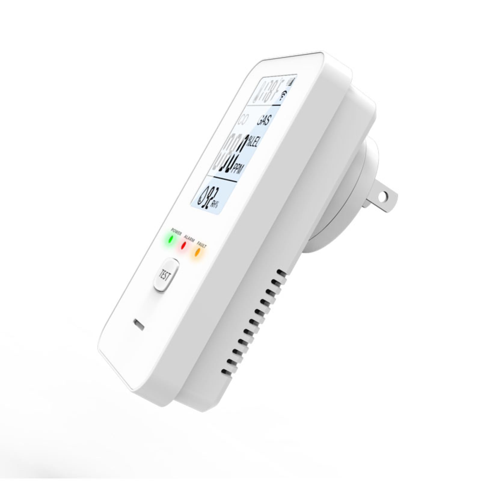Detector de Gás Natural e Monóxido Carbono 4 em 1 com Sensor Temperatura Umidade Alarme 85dB Display LCD Plug-in para Casa RV Viagem