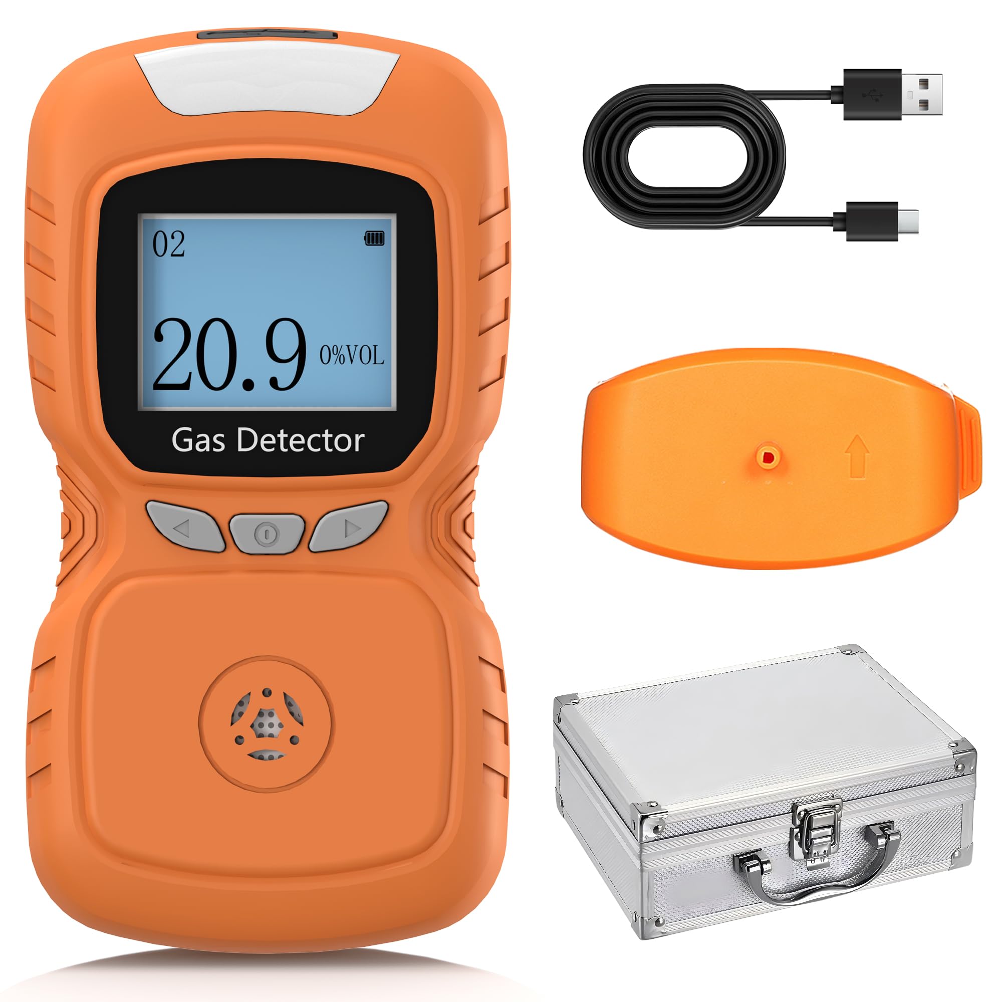 Detector de oxigênio portátil, monitor de gás 0-30% VOL O2, resposta rápida de 0,5s, medidor de oxigênio recarregável com alarmes de vibração, luz e som, à prova de poeira e explosão (laranja)