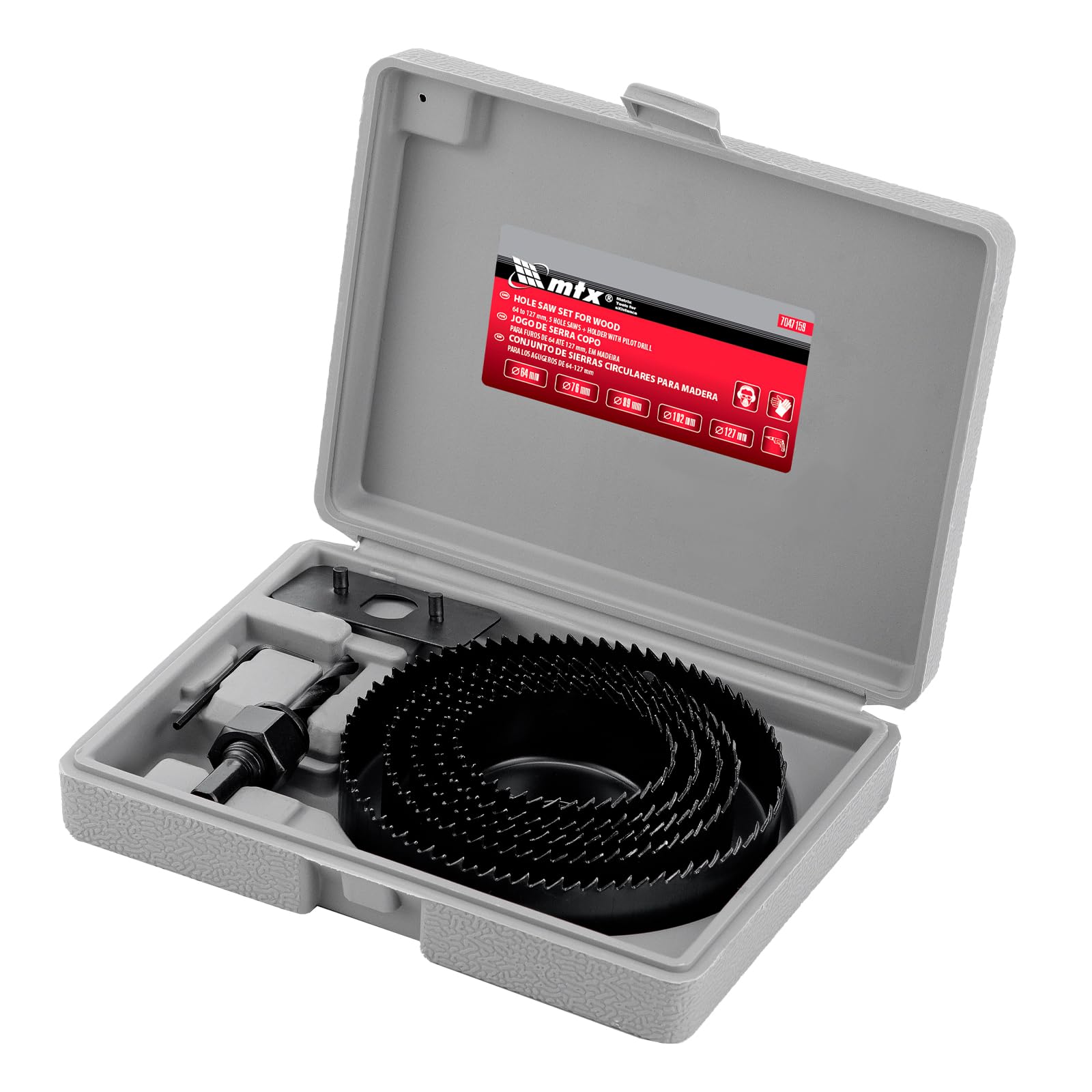 MTX Jogo De Serra Copo Para Madeira 8 Peças 64 A 127 Mm Aço Carbono Broca Central Corte Preciso Estojo Plástico Profissional Carpintaria DIY