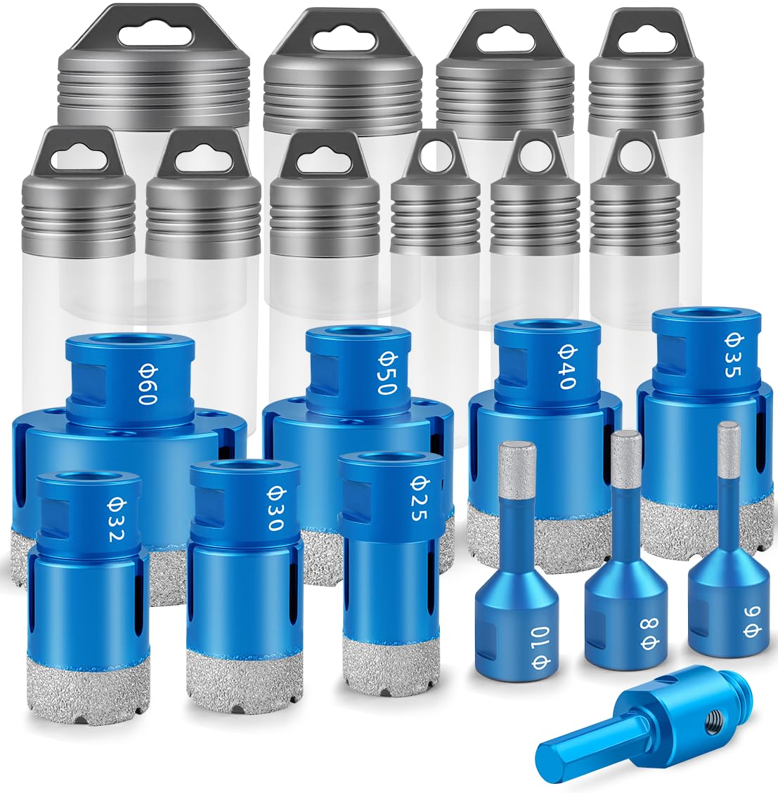 Kit com 11 Serras Copo Broca Diamantada 6 a 60 mm Charbs, Broca Diamantada, Serra Copo Diamantada, Compatível com Vidro, Azulejos, Grés Cerâmico e Placas de Granito