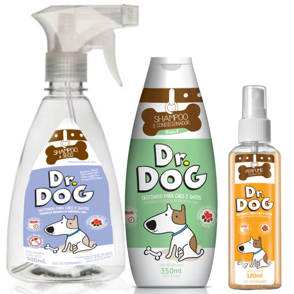 Kit Banho Pet: Shampoo e condicionador anti alérgico e anti odor 350ml+ banho a seco Cães e Gatos limpa patinhas 500ml+ 1 Perfume amadeirado hipoalergênico 120ml Dr. Dog