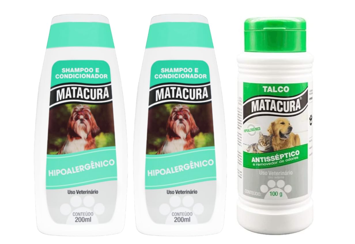 Kit Higiene Pet Hipoalergênico 2un Shampoo e Condicionador Hipoalergênico 200ml + 1 un Talco Antisséptico Hipoalergênico 100g - Matacura
