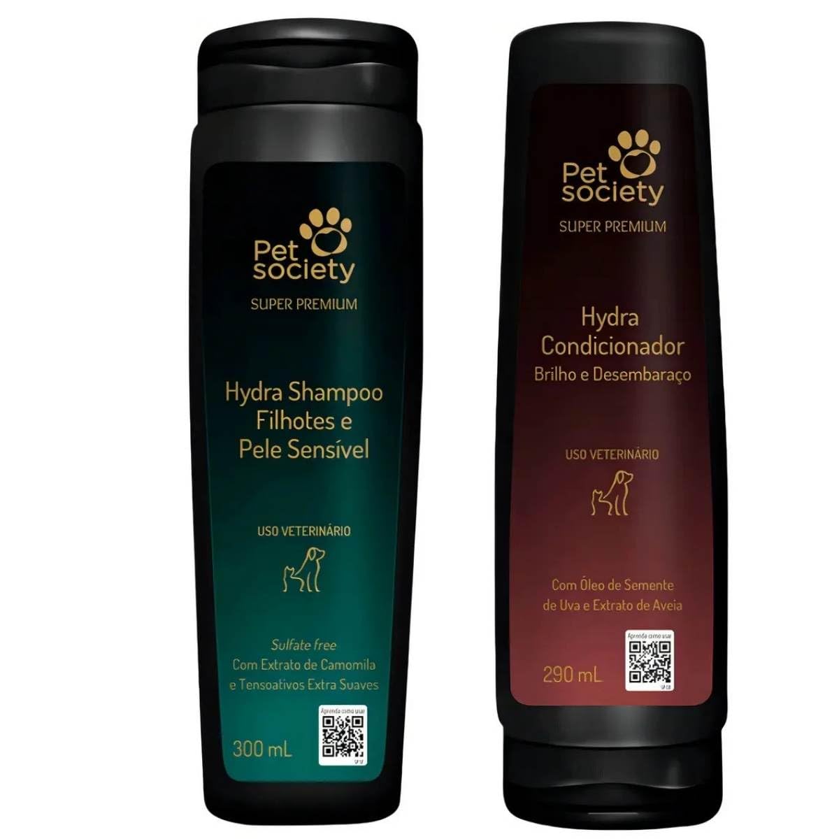 Kit Shampoo Filhotes Pele Sensivel 300ml Condicionador Brilho Desembaraço 290ml Super premium Pet Society Cães e Gatos