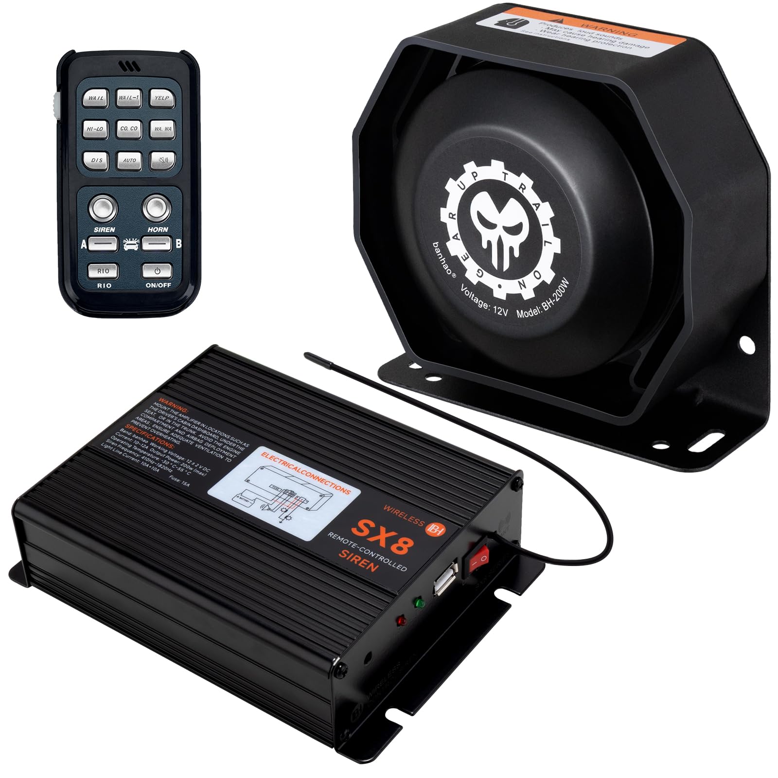 Kit de sistema PA de sirene de polícia, sirene de emergência de aviso, 12 V, 200 W, 125 – 145 dB, controle remoto com microfone de mão para ambulância, veículos, caminhões, carros, SUV, ATV