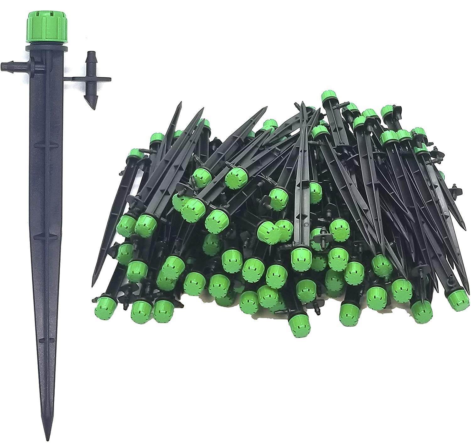 (EMBALAGEM COM 100) – Emissor universal de gotejamento de 360 graus em estaca de 15 cm – Fluxo ajustável 0 – 18,5 GPH Fit 1/4 (4 – 7 mm) – Gotejadores de grau profissional para irrigação por gotejamento