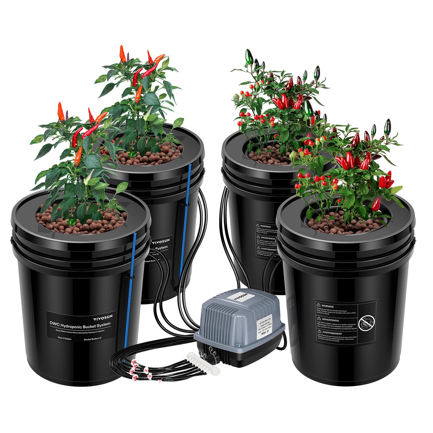 VIVOSUN Sistema de cultivo hidropônico DWC com kit de gotejamento superior, 4 baldes | Cultivo em águas profundas de 5 galões, sistema de jardim por gotejamento recirculante