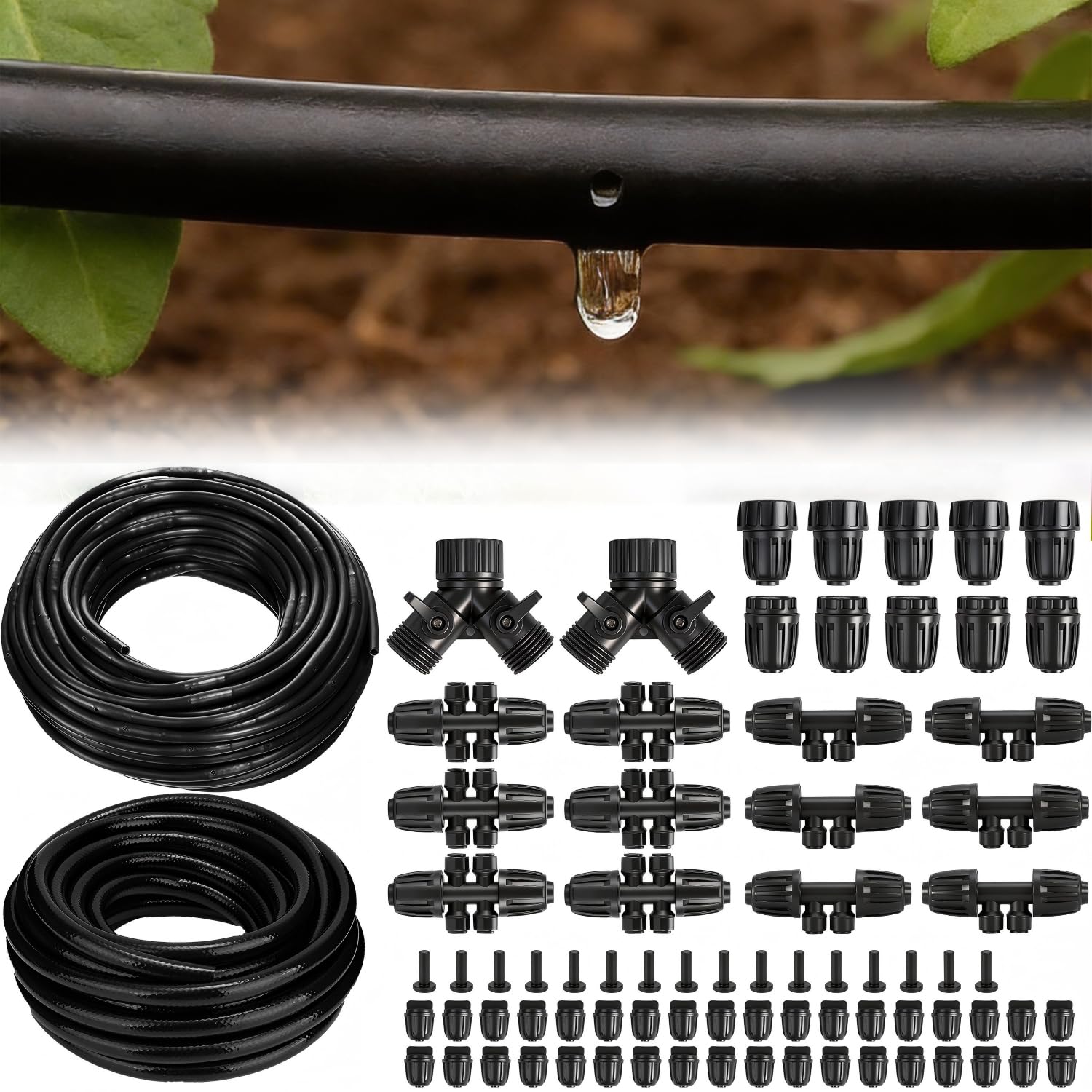 Kit de tubulação de irrigação por gotejamento de 250 pés com tubo de PVC de 1/5.1 cm, linha de gotejamento de 1/10.2 cm e peças de irrigação para jardim, canteiros elevados e irrigação de estufa