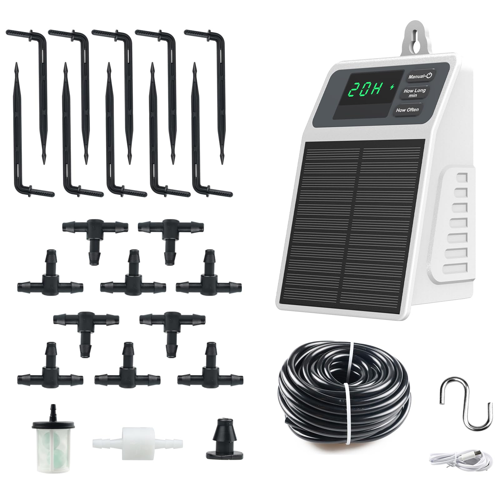 de Irrigação por Gotejamento Automático Energizado Solar Temporizador Rega Personalizável Bateria 2200mAh Carregamento USB-C IPX5 para Cuidado Plantas em Jardim Varanda e Pátio