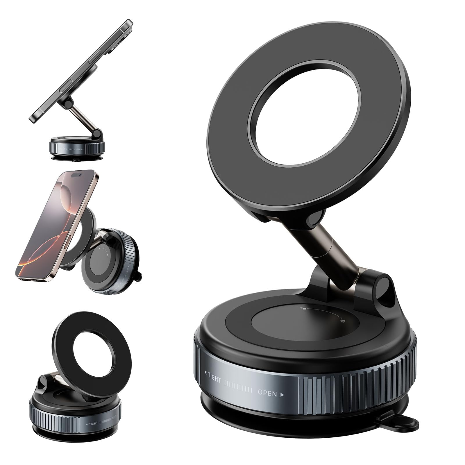 Suporte de telefone magnético a vácuo de 360° atualizado, suporte magnético dobrável de para, uporte para celular com sucção a vácuo forte para iPhone e Android,academias/espelhos/superfície (Preto)
