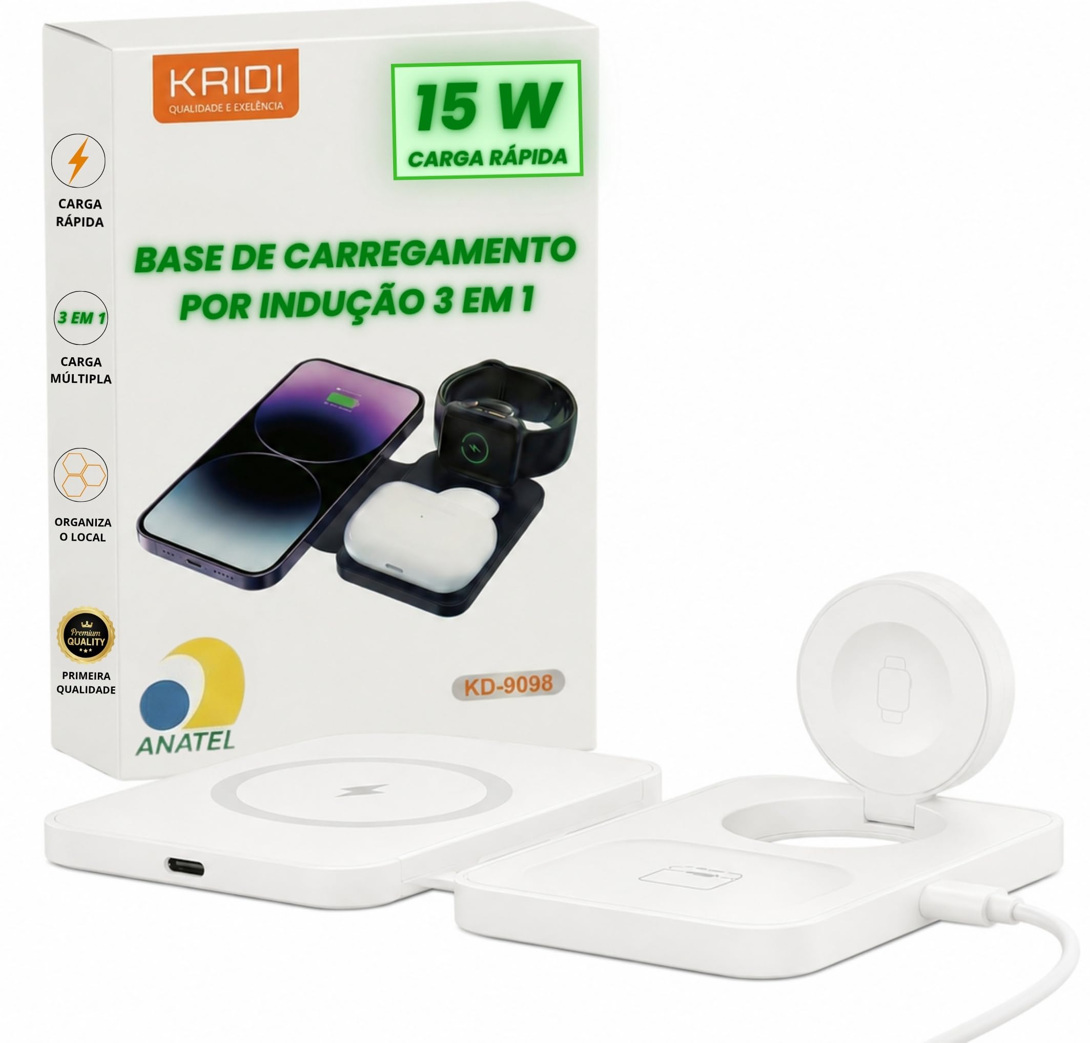 Carregador de indução rápido sem fio 3 em 1 compatível com Iphone, samsung e android| base de carregamento magnético 15w wireless dobrável e portátil para celular, relógio e fone (Branco)