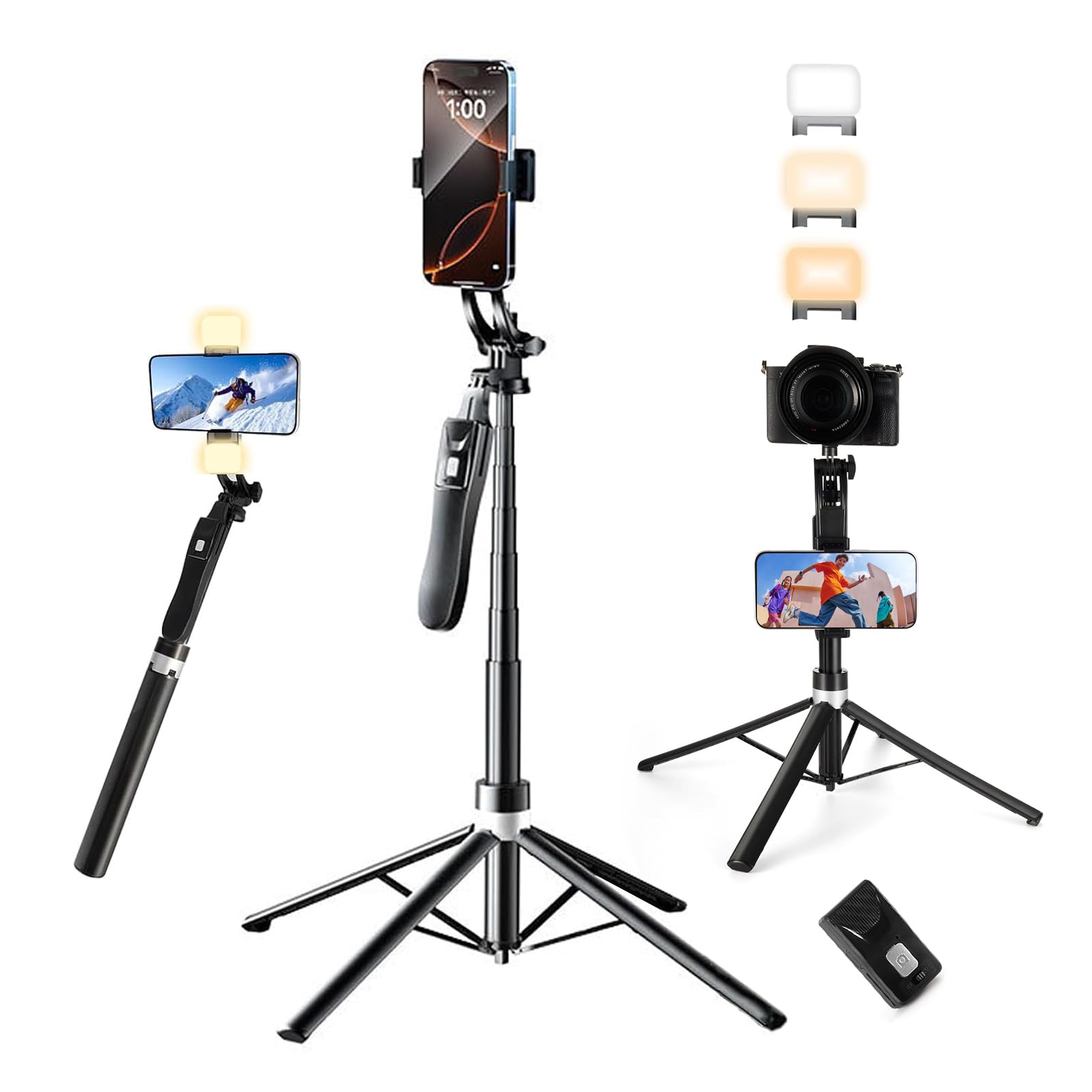 Tripé para Celular 1,8m com Iluminação e Controle Remoto | Bastão de Selfie Dobrável Portátil com Altura Ajustável, Base Quadrúpede Reforçada, Rotação 360°, Compatível com Câmeras
