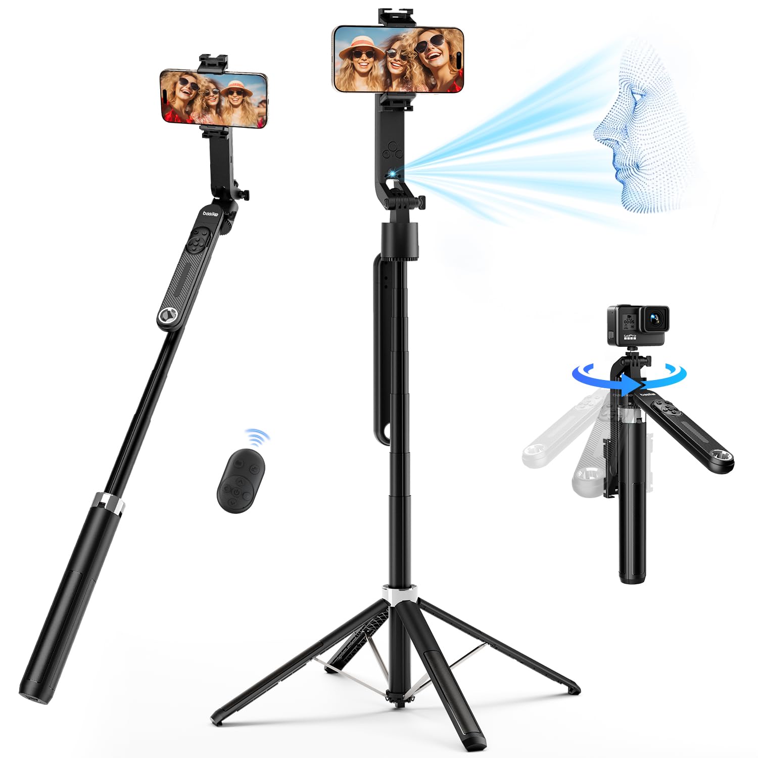 Basike Tripé para Celular 1,82m, Bastão de Selfie, Rastreamento Automático | Pau de Selfie Dobrável, Controle Remoto, Rotação 360°, Base Quadrúpede Reforçada, Compatível com Câmeras, GoPro e iPhone