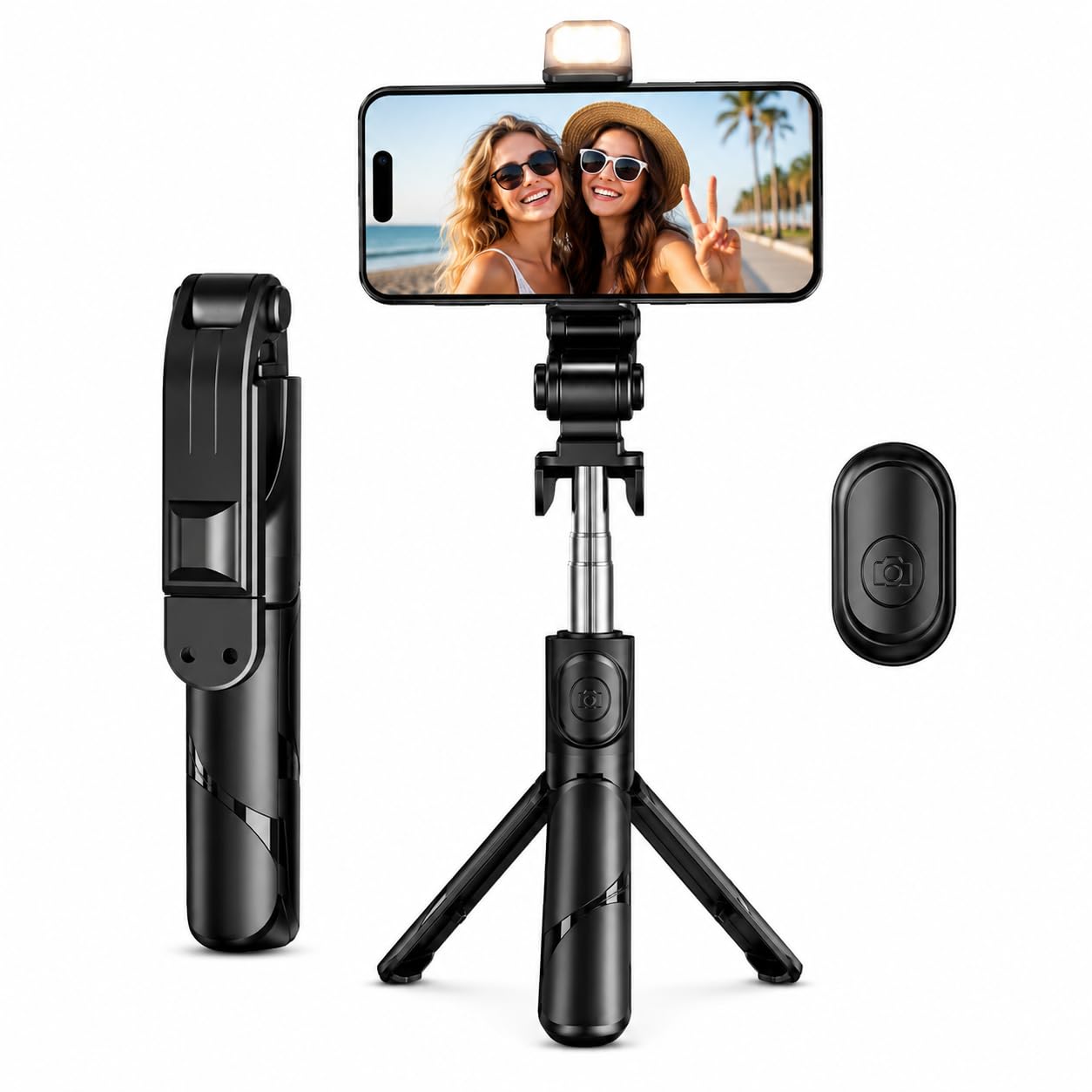 Bastão Selfie Tripé 3 em 1 com Controle Bluetooth Sem Fio e Luz para Selfie | Suporte para Celular com Rotação 360° | Portátil, Retrátil e Dobrável | Para Selfies, TikTok, Lives, Fotos e Vídeos