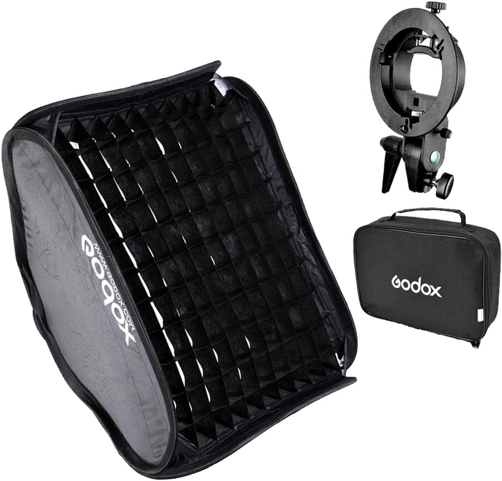 Godox Suporte tipo S Bowens com kit de softbox dobrável de 81 x 81 cm | e grade de favo de mel e bolsa para fotografia de estúdio com câmera flash