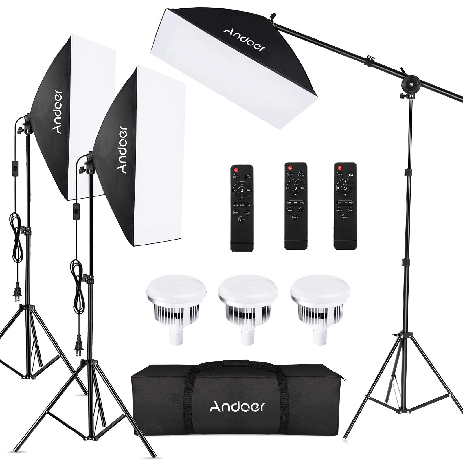 Andoer Kit de iluminação para fotografia Softbox Equipamento profissional de estúdio com softbox de 50,8 x 71,1 cm, 2800-5700K 85W lâmpada de temperatura bicolor com controle remoto, suporte de luz, braço de apoio para fotografia de produtos retratos