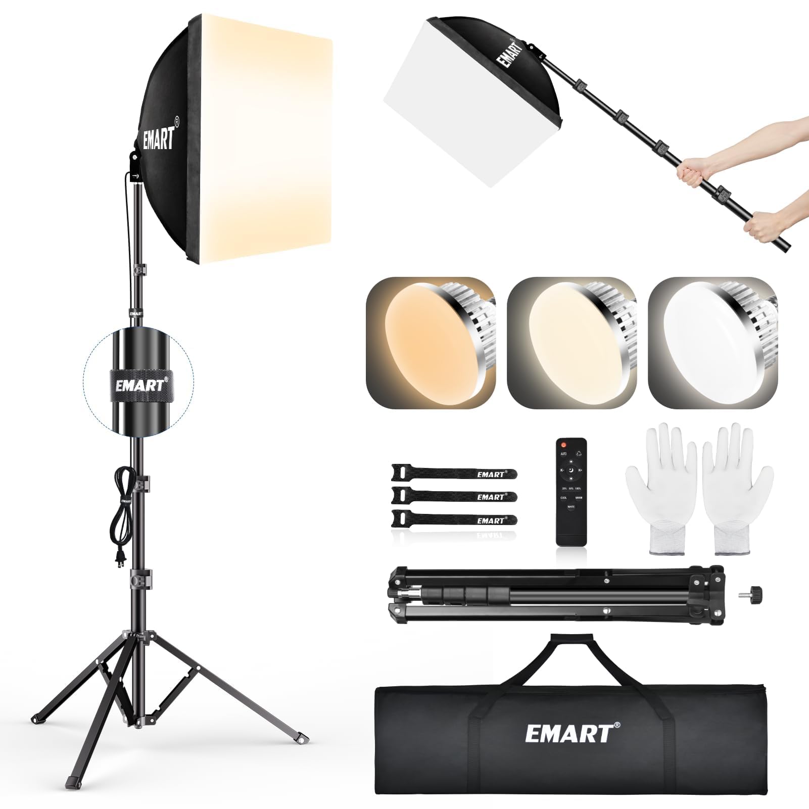 EMART Kit de iluminação Softbox, caixa macia de 40 cm x 40 cm | Lâmpadas LED 3000K-6000K 85W com controle remoto | tripé de 165 cm, kit de iluminação fotográfica softbox profissional para luzes de