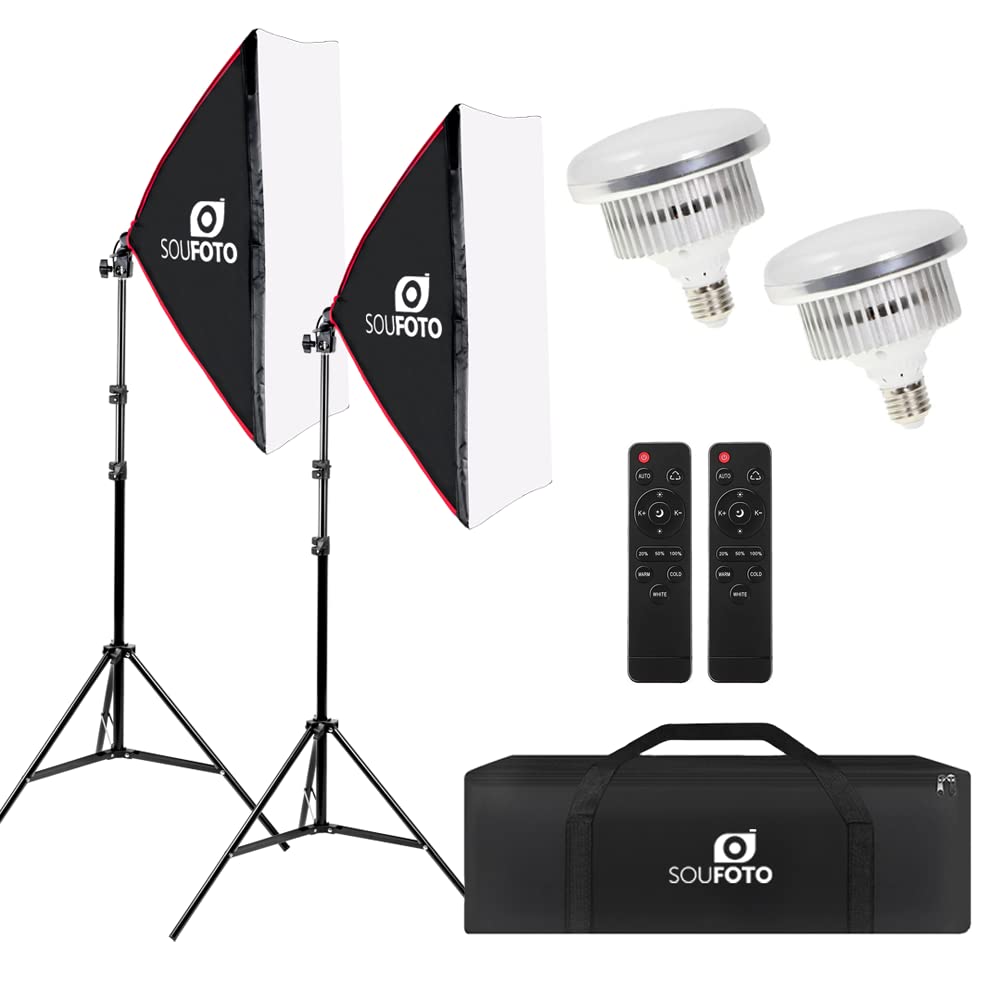 SOU FOTO Kit de Iluminação Softbox Duplo Profissional Completo Para Foto e Video | Softbox 50x70cm, Lâmpada Dimerizável 85w Com Controle Remoto, Tripé de Iluminação