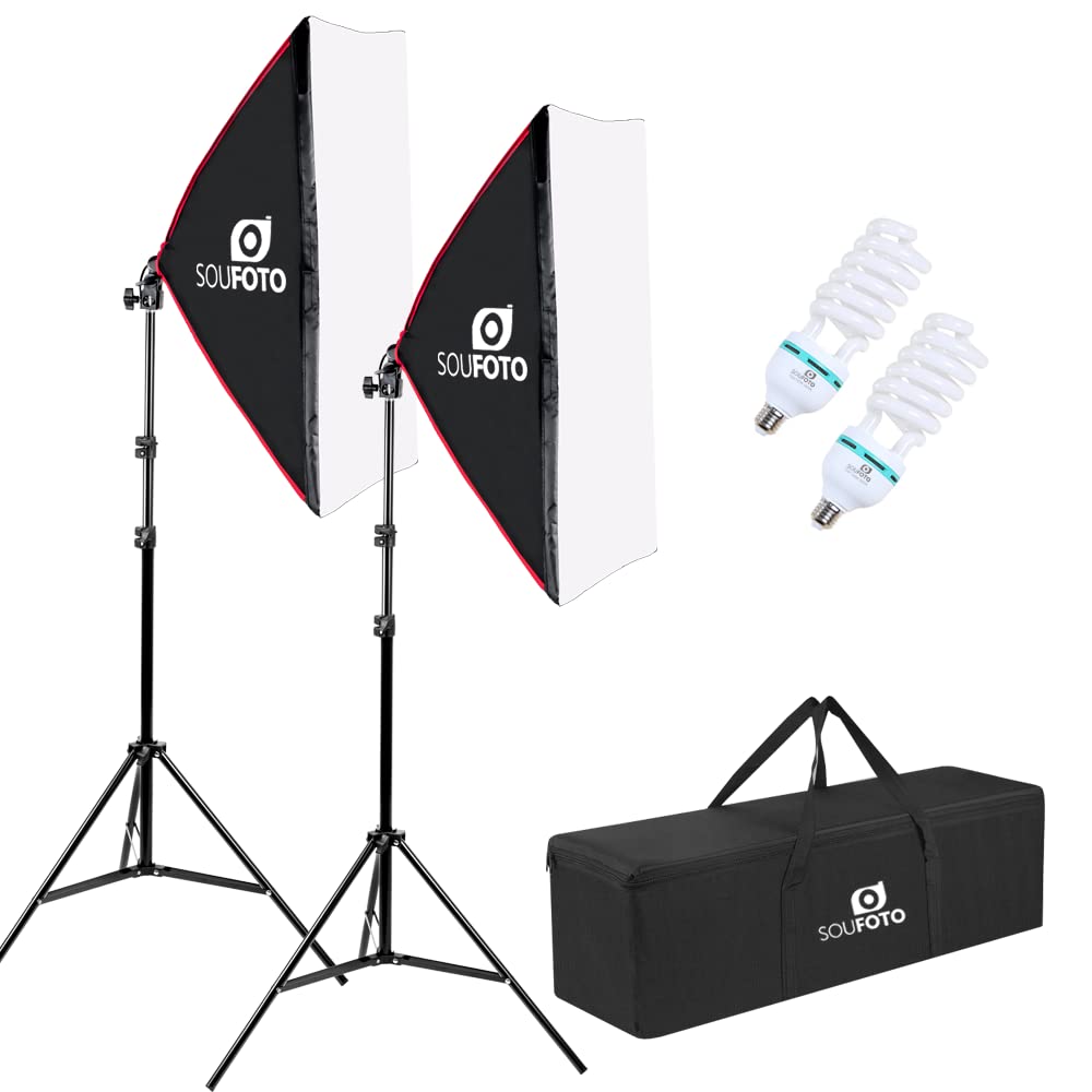 SOU FOTO Kit de Iluminação Softbox 50x70cm, Lâmpada Fluorescente 150W, Tripé 1.90m e Bolsa de Transporte 70cm | Luz Continua | Completo com Lâmpadas Ultrapotente | Branco, Tecido, 110V