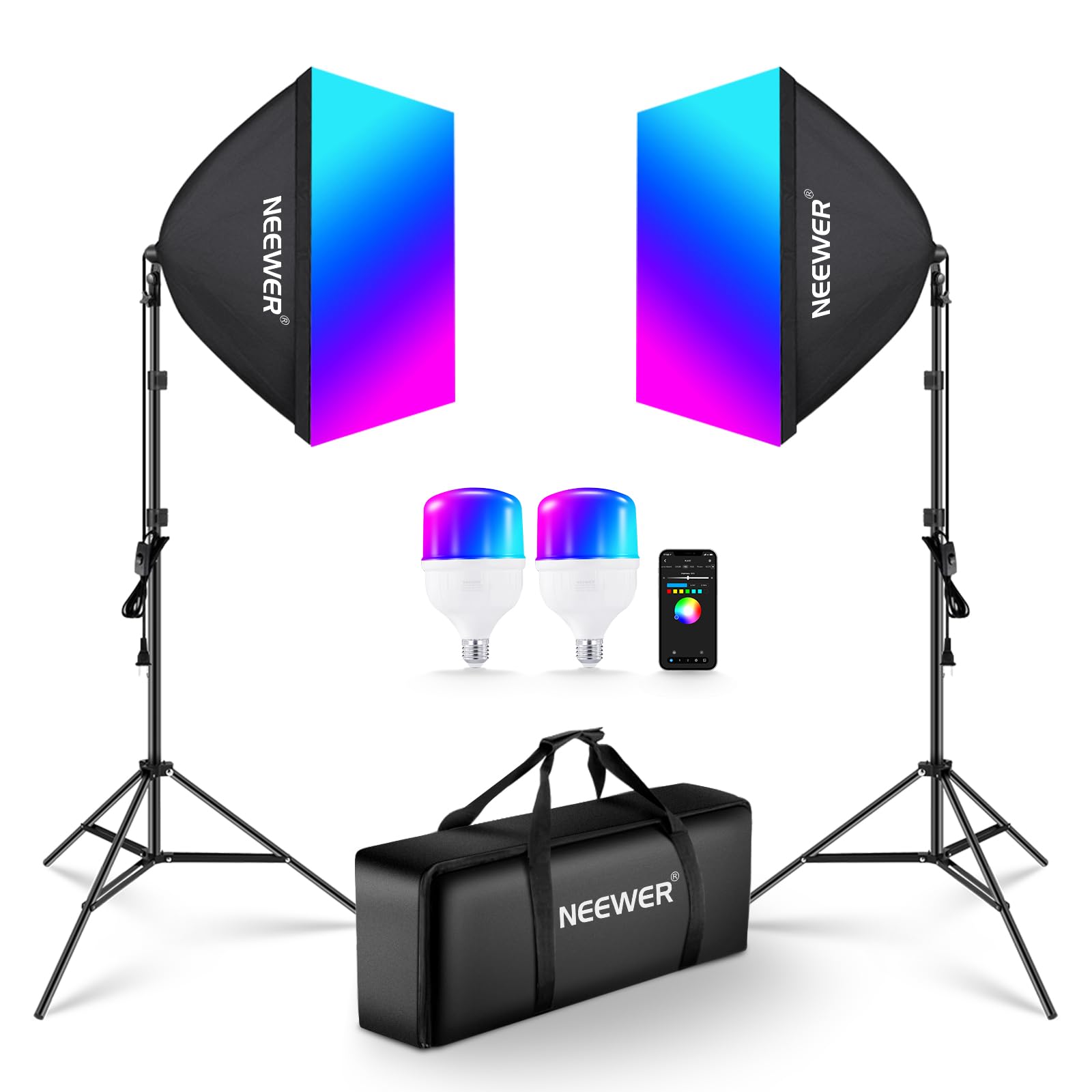 NEEWER Kit de iluminação RGB Softbox com controle de aplicativo e 9 modos de efeito, pacote com 2 lâmpadas LED certificadas FCC/IC/UL 26W CRI93+ TLCI98+, soquetes de porcelana E26, softboxes de 61 cm