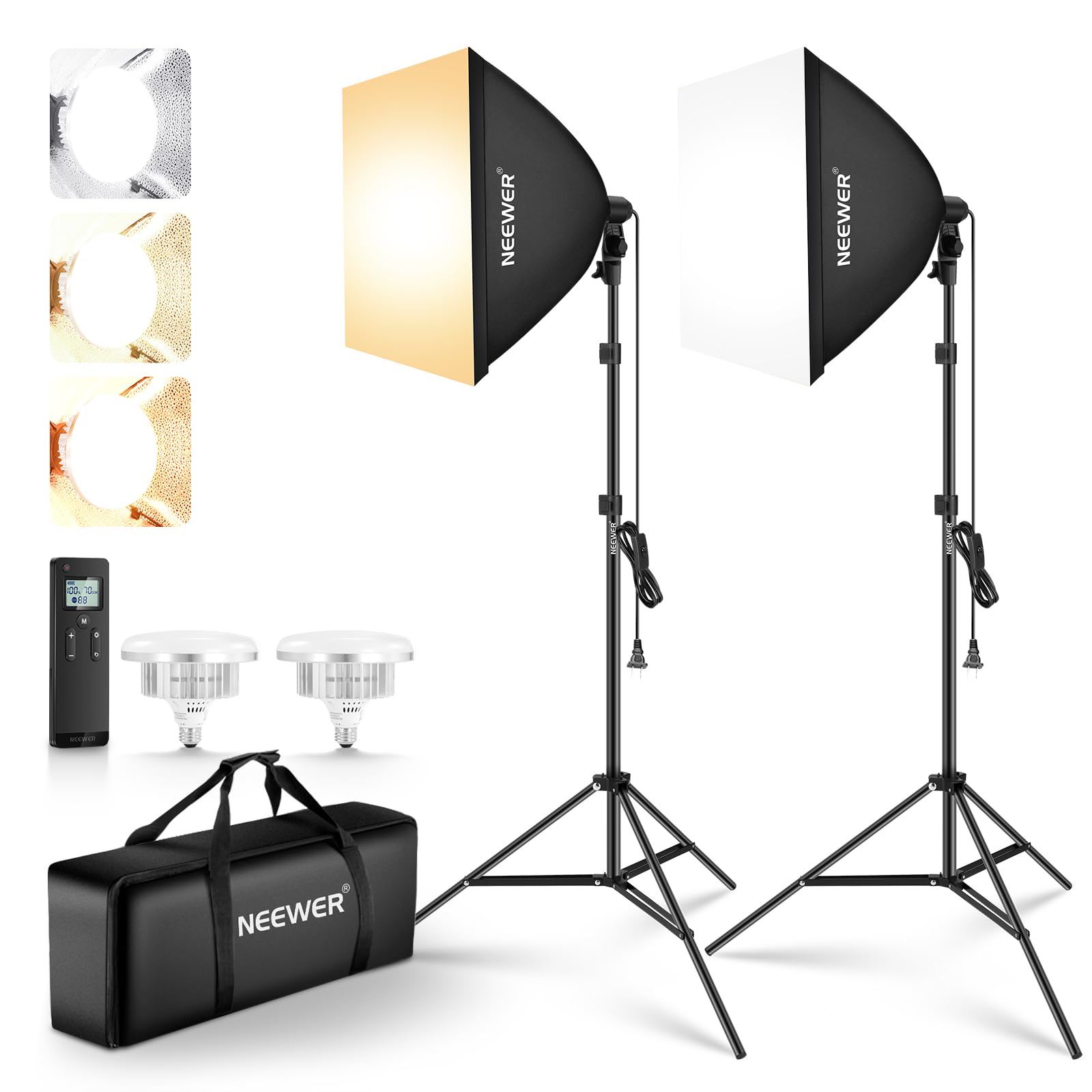 NEEWER Pacote com 2 kit softbox de iluminação de 61 cm x 61 cm com suportes de tripé, lâmpadas LED bicolor 2,4 G de 45 W, 10 canais 2900K-7000K 1400lx/m CRI95, controle remoto de 66'/20 m, kit de foto