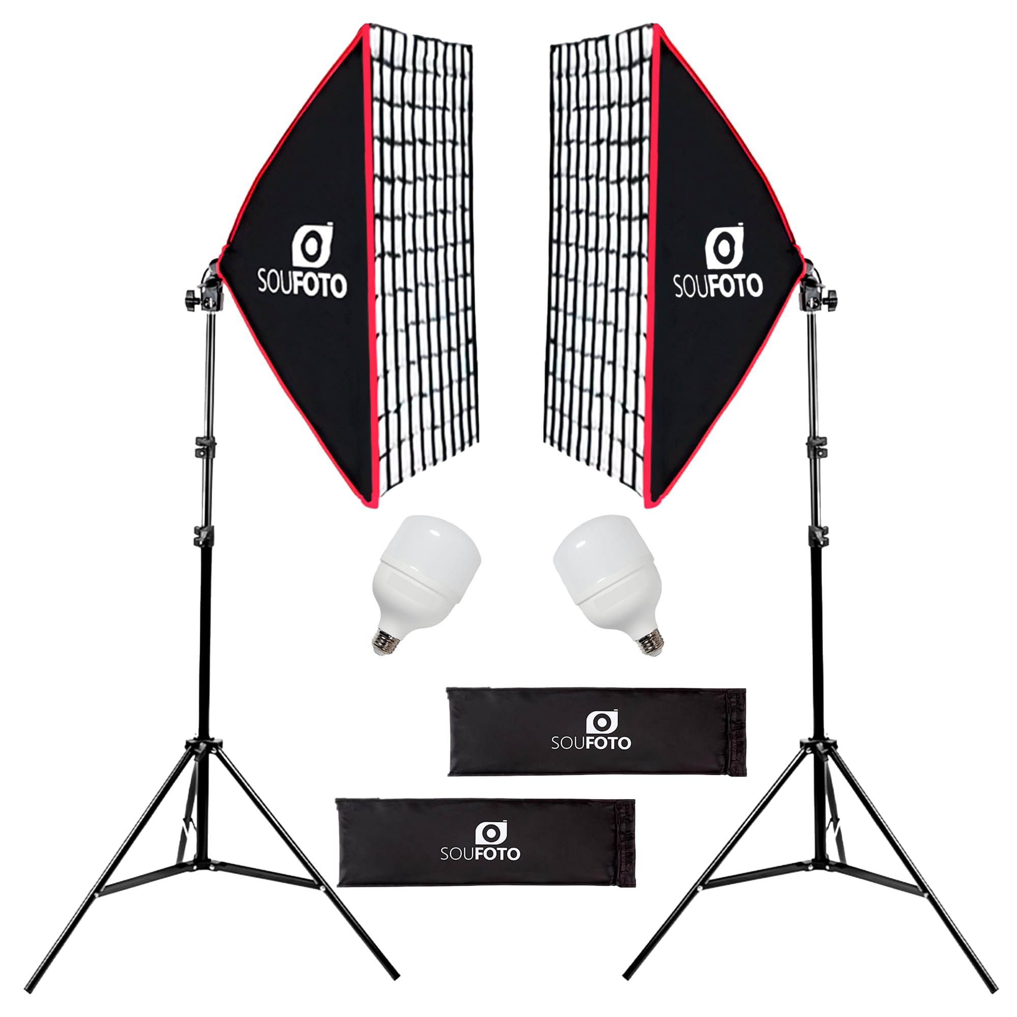 Sou Foto | Kit Iluminação LED Duplo Duo Grid com Softbox 50x70cm Grid Tripé 2m e Lâmpadas 6500K Bivolt para Youtubers e Iniciantes (50W)
