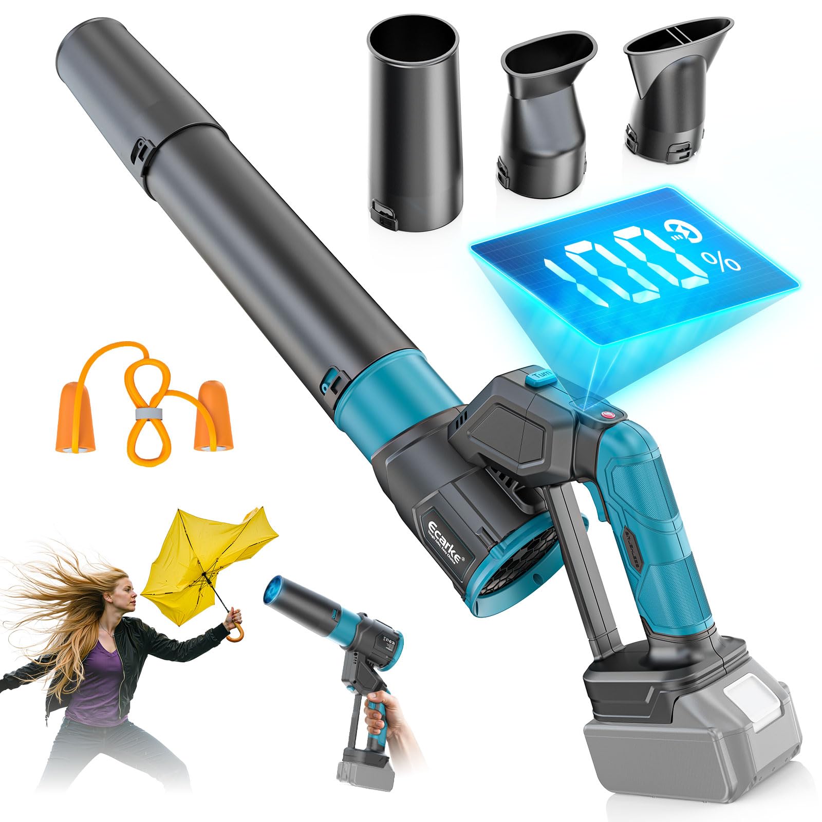 Soprador de folhas elétrico compatível com bateria Makita de 18 V (não incluída), sopradores de folhas portáteis sem fio com rotação de 180°, 3 velocidades, display digital, leve para quintal, pátio