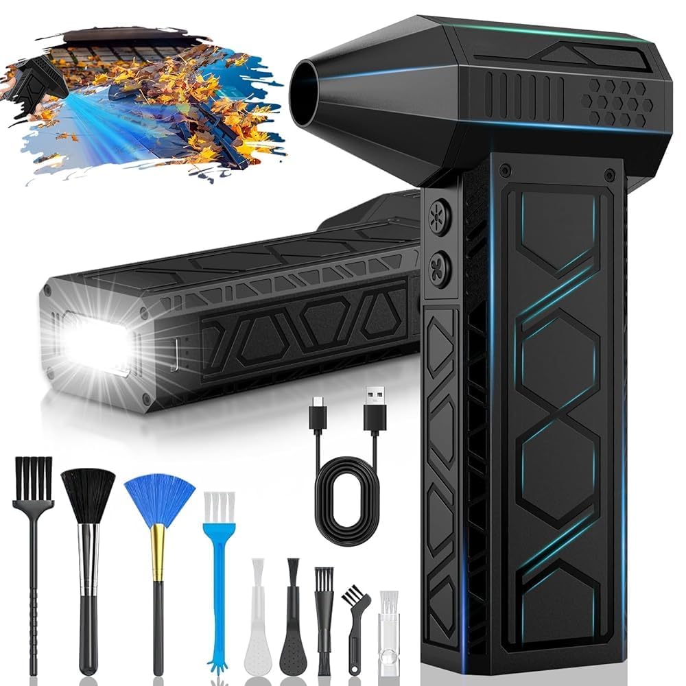 Soprador de Ar Ultra Potente 180.000 RPM - Aspirador 2 em 1 com Lanterna Tática SOS, Bateria 10.000mAh e 4 Níveis de Vento - Limpeza Profissional para Carros, PC e Camping
