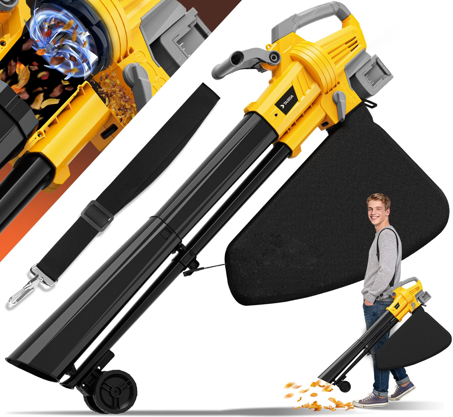 Soprador de folhas a vácuo Mulcher compatível com bateria Dewalt de 20 V (sem bateria), 3 em 1, soprador de folhas elétrico sem fio, com bolsa de coleta de 40 L, modo turbo para limpeza rápida