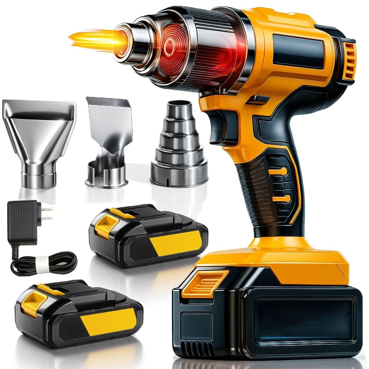 Soprador Termico Sem Fio 3000W Pistola De Ar Quente Profissional 600C Motor Brushless Kit Com 2 Baterias Li Ion Carregador 3 Bicos Ajuste Dupla Temperatura Ferramenta Para Retracao Plastico DIY
