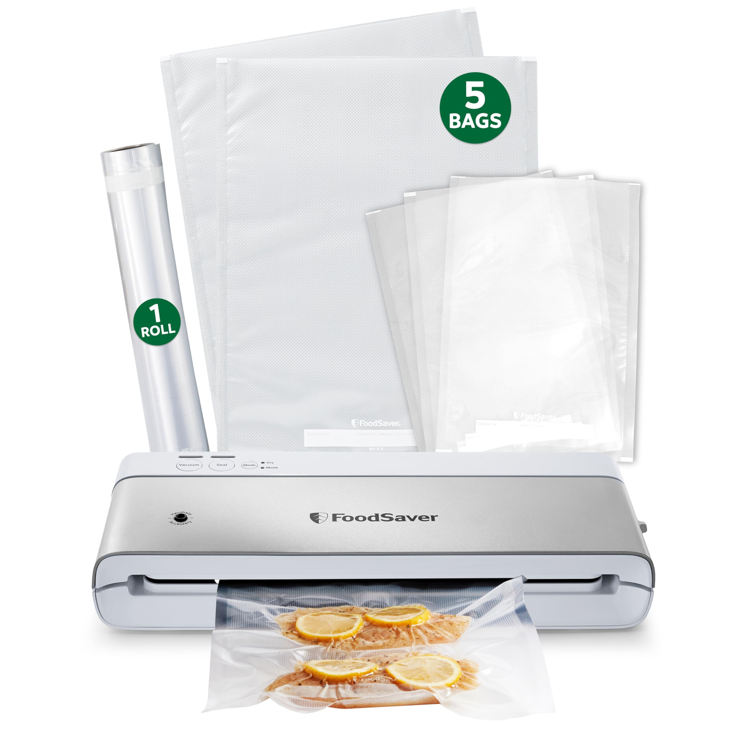 FoodSaver Máquina seladora a vácuo compacta com sacos seladores e rolo para armazenamento hermético de alimentos e Sous Vide, branca