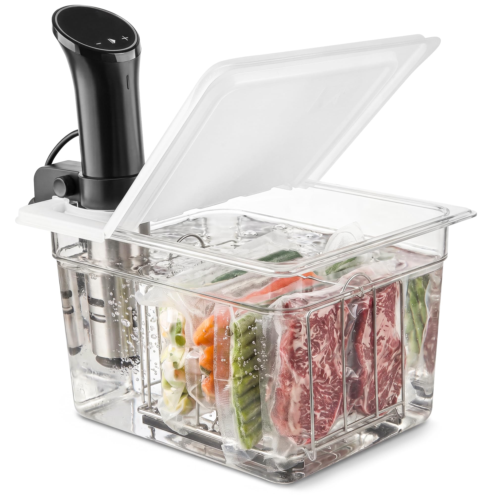 Everie Recipiente Sous Vide de 12 litros com tampa articulada dobrável universal, compatível com Anova todos os modelos, Breville Joule, Wancle, panelas instantâneas (recipiente com tampa e rack de