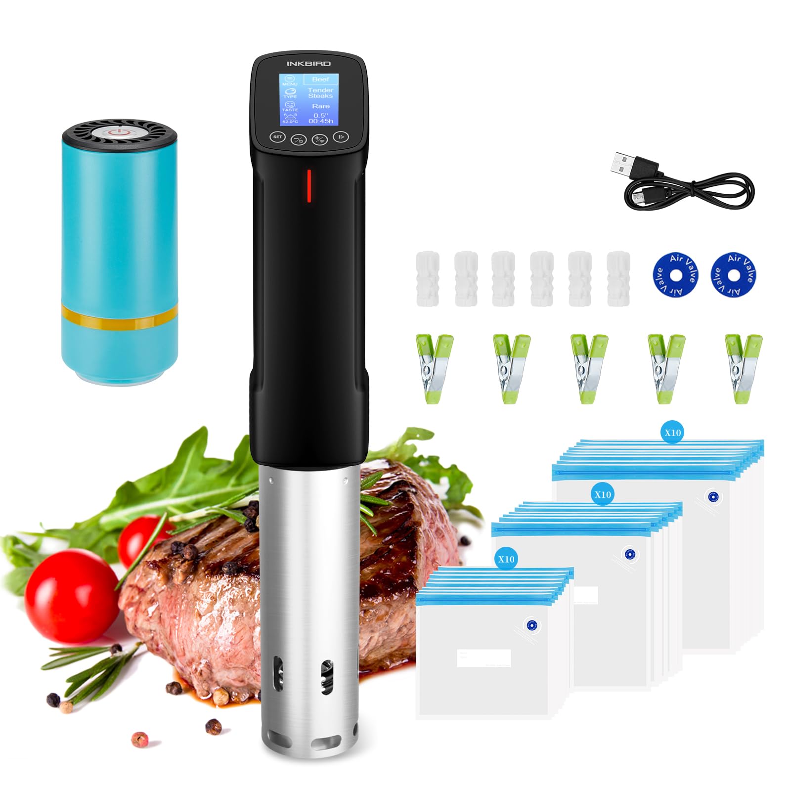 INKBIRD Conjunto de fogão sous vide WIFI com 30 peças de sacos Sous Vied e bomba seladora a vácuo, kits de iniciante de sous vide, receitas no aplicativo, máquina Sous-Vide de 1000 W para bife