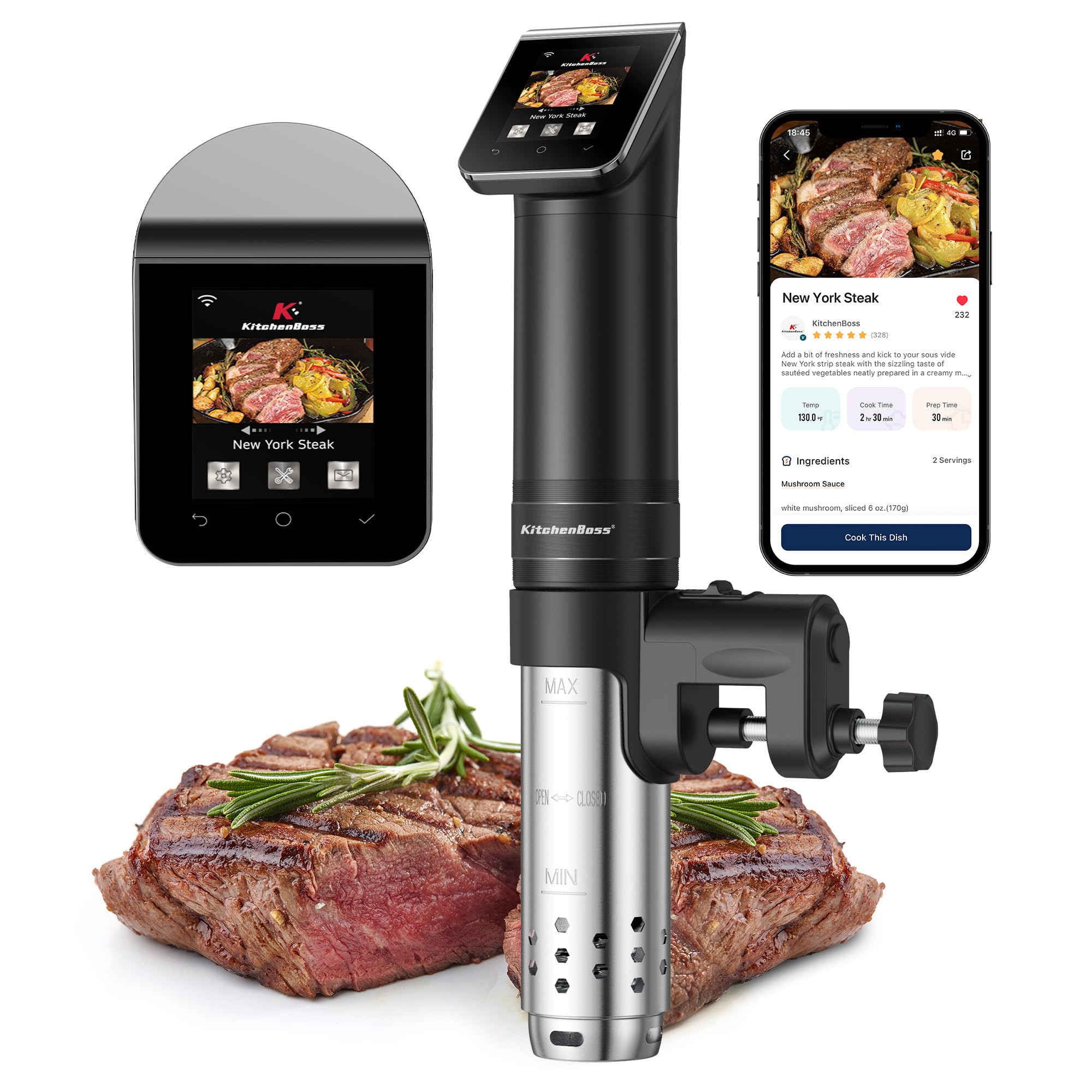 KitchenBoss Fogão Sous Vide WiFi: Máquina de cozinhar Sous-vide ultra-silenciosa 1100 Watts Circulador de imersão de aço inoxidável para cozinha com receitas predefinidas TFT, preto