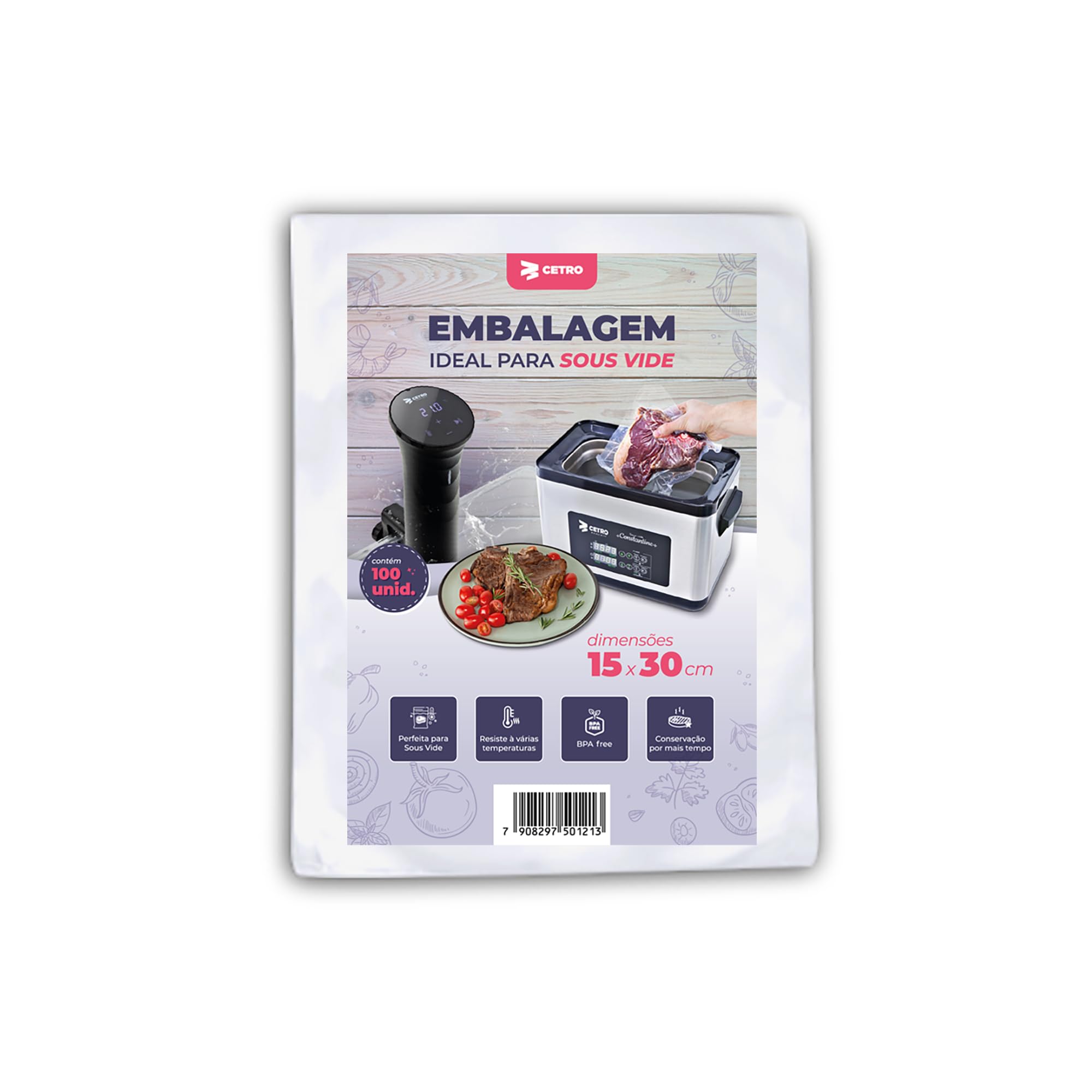 CETRO Embalagem Sous Vide 15x30cm – 100 Unidades, Livre de Bisfenol A, Nylon Poli, Alta Resistência