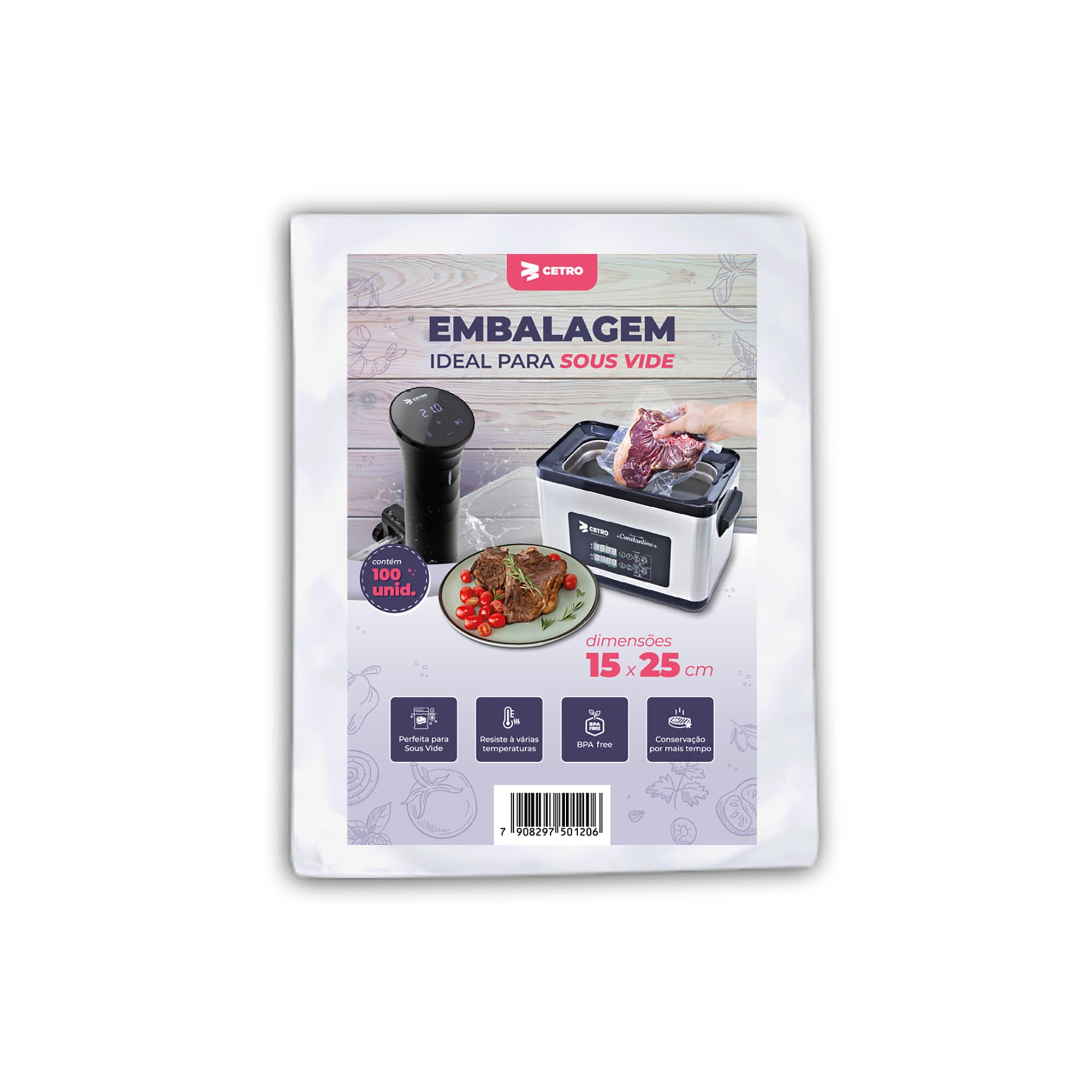 CETRO Embalagem Sous Vide 15x25cm – 100 Unidades, Sacos Pré-Formados, Transparente, 12 Micras