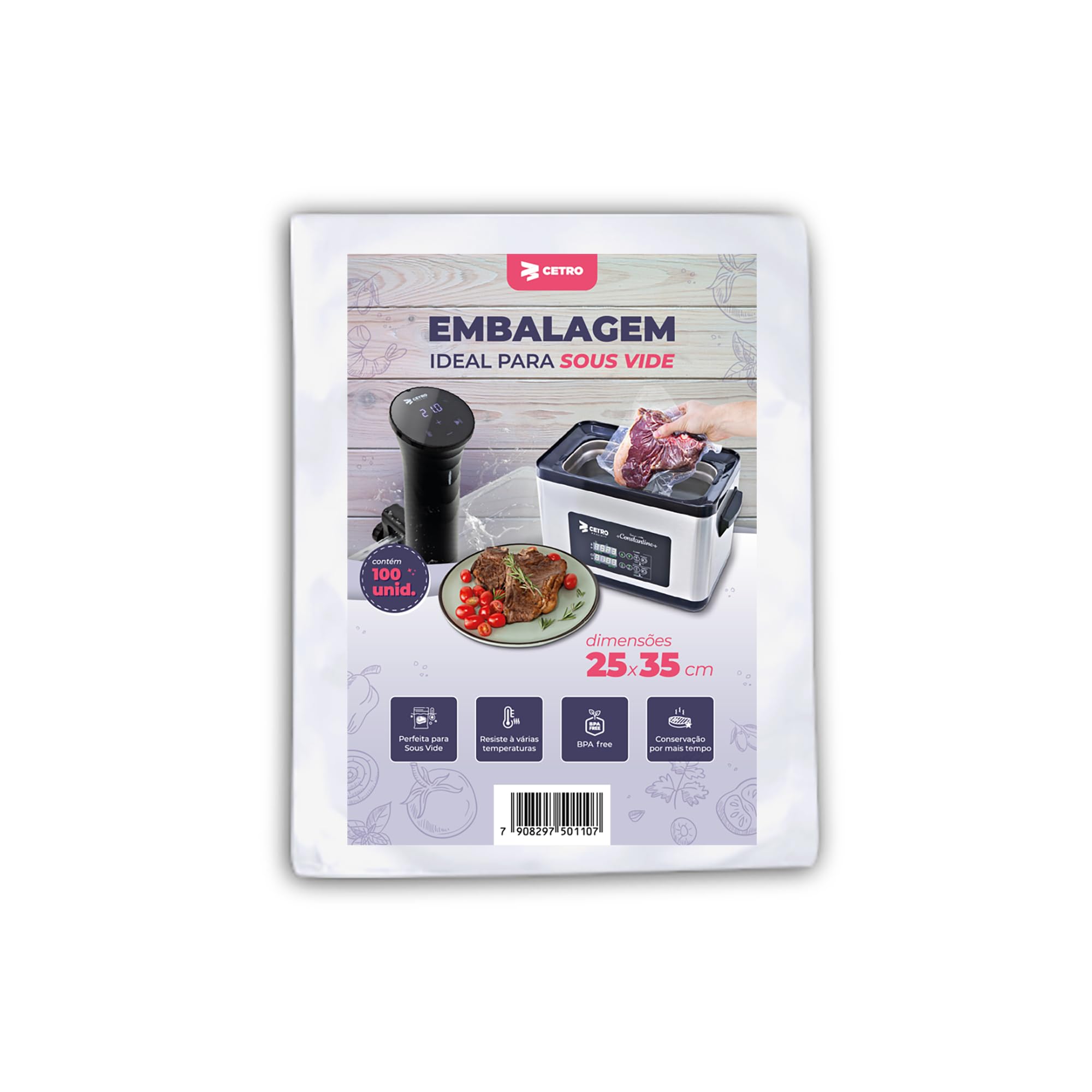 CETRO Embalagem Sous Vide 25x35cm – 100 Unidades, Sacos Pré-Formados, Nylon Poli, 12 Micras