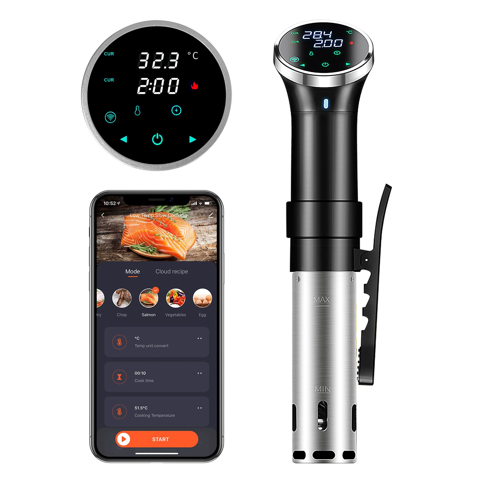 Fogão Sous Vide WiFi, fogão de precisão de 1100 W, máquina de cozinhar em banho de água lenta com faixa de temperatura de 25 a 95 °C e controle de temporizador, circulador de imersão térmica